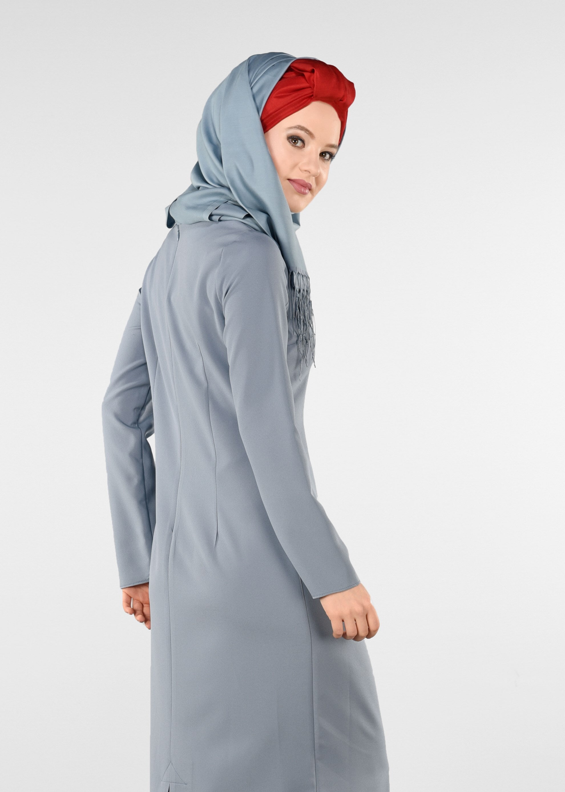 Tesettür giyim MAVİ ÇİÇEK İŞLEMELİ ELBİSE 4082