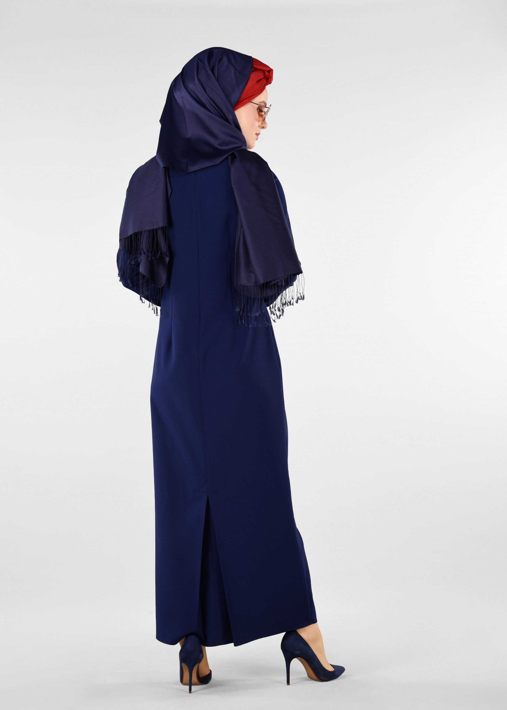 Tesettür giyim LACİVERT ÇİÇEK İŞLEMELİ ELBİSE 4082