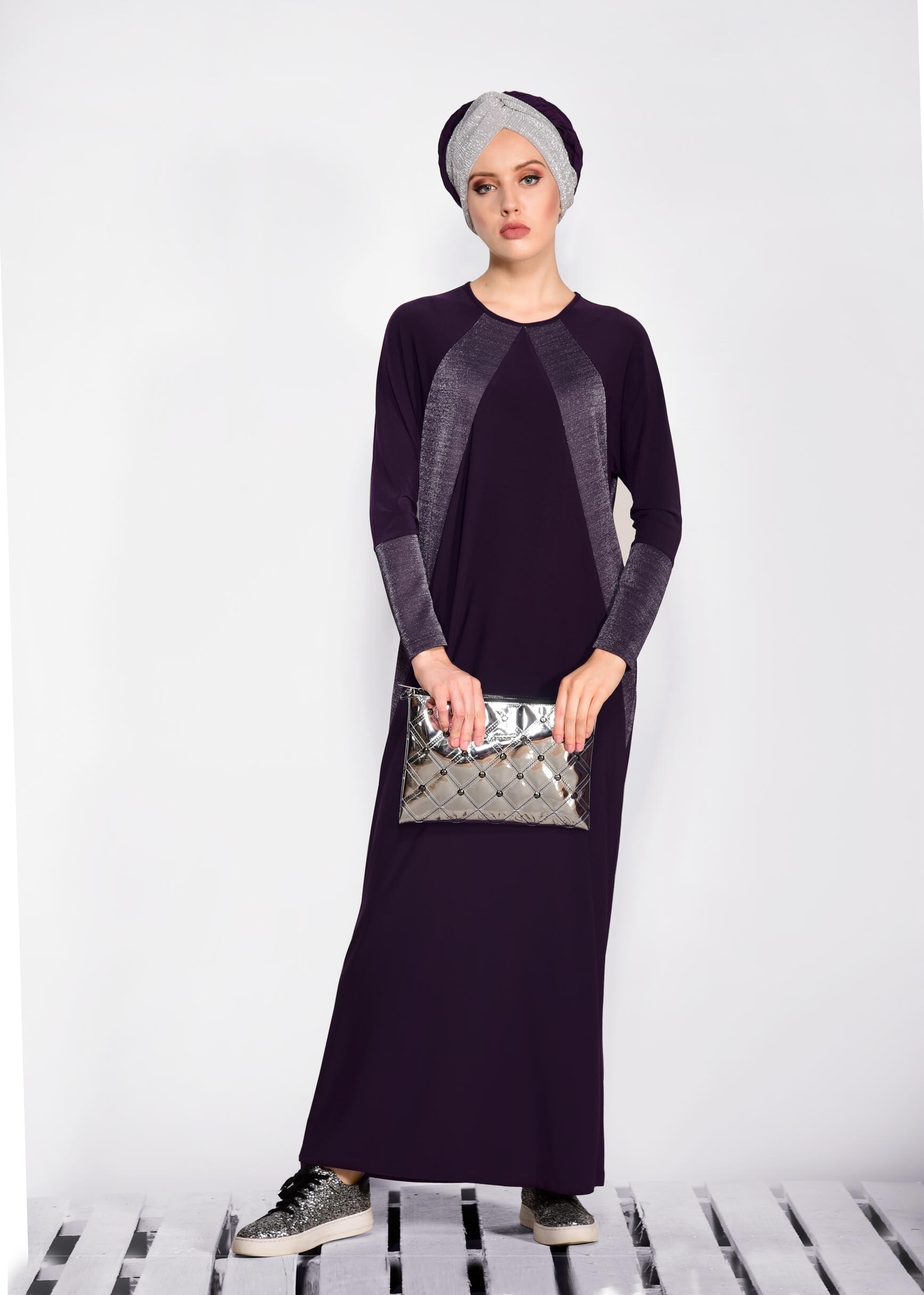 Tesettür giyim MOR 4090 VİZONA ELBİSE 40/48