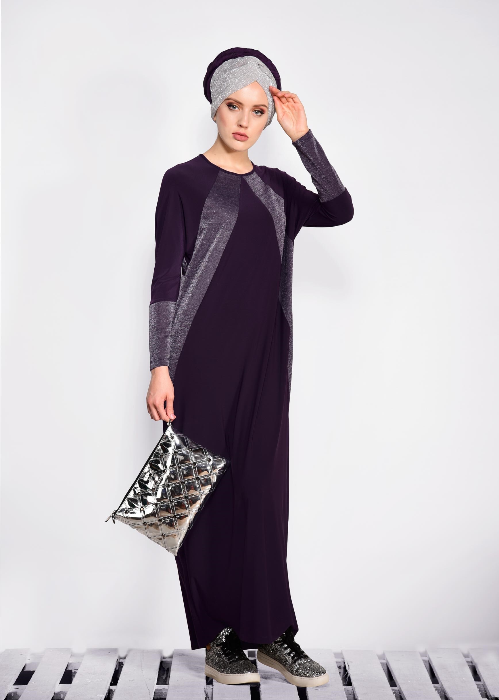 Tesettür giyim MOR 4090 VİZONA ELBİSE 40/48