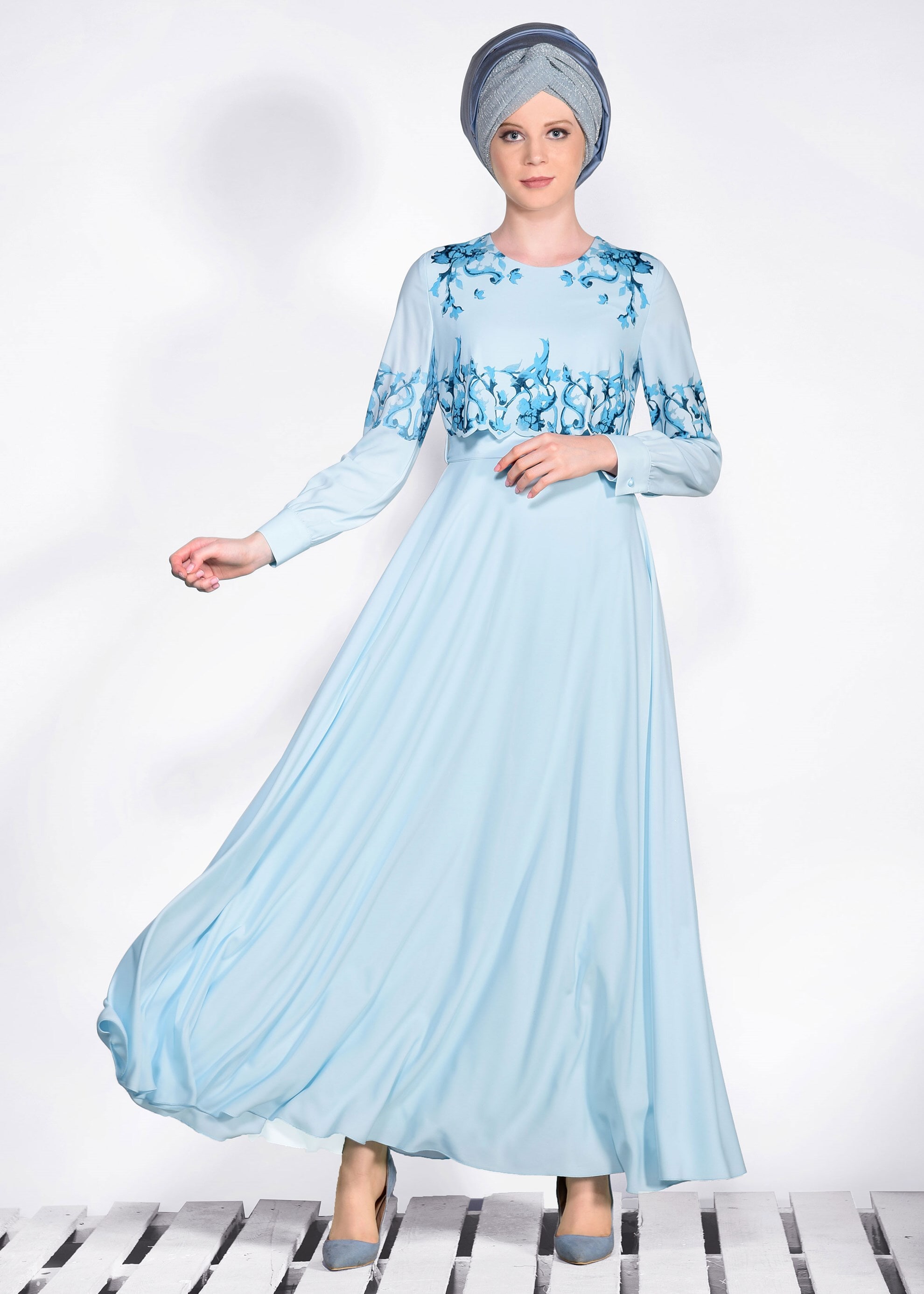 Tesettür giyim MAVİ BASKILI ELBİSE 4114