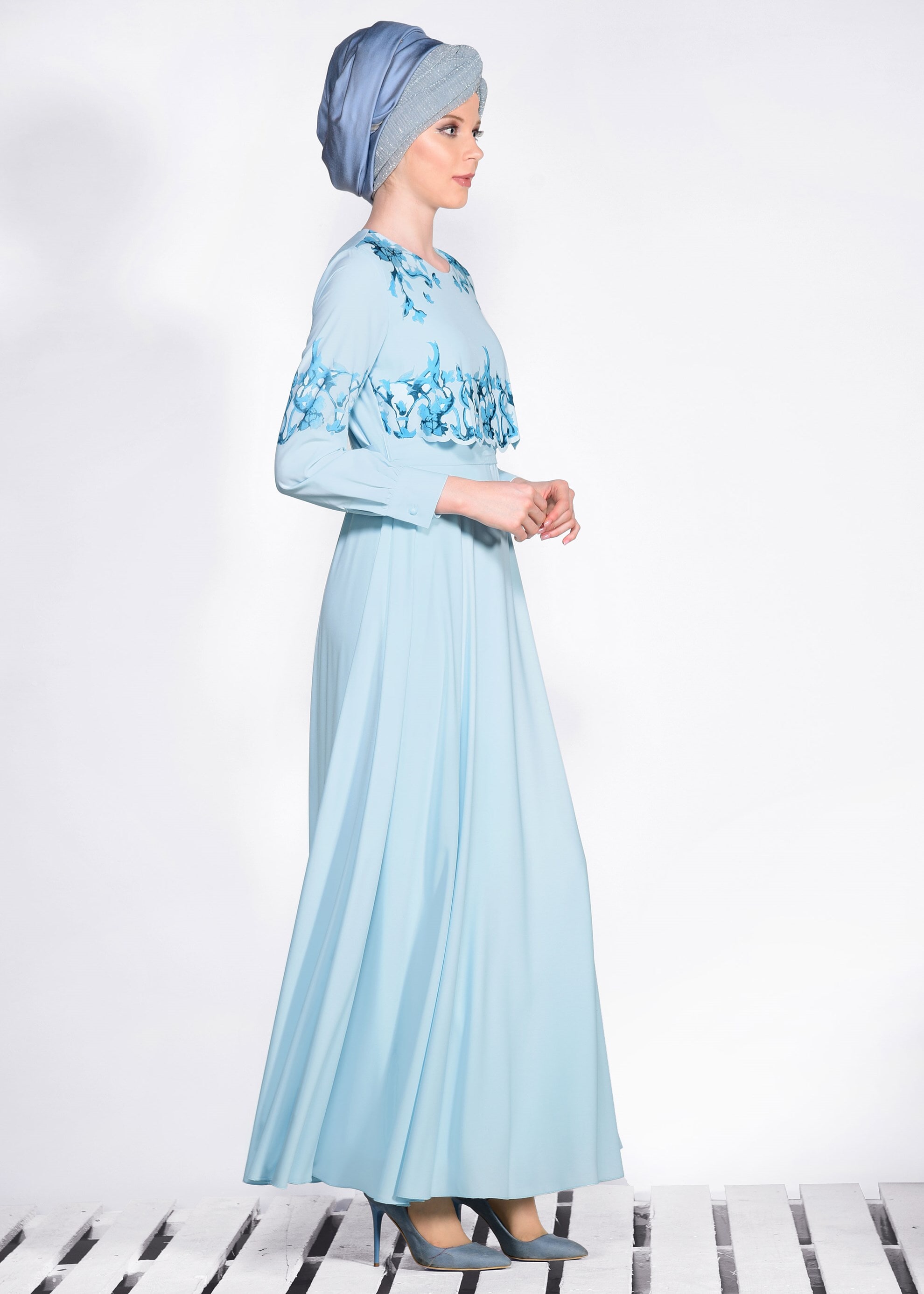 Tesettür giyim MAVİ BASKILI ELBİSE 4114