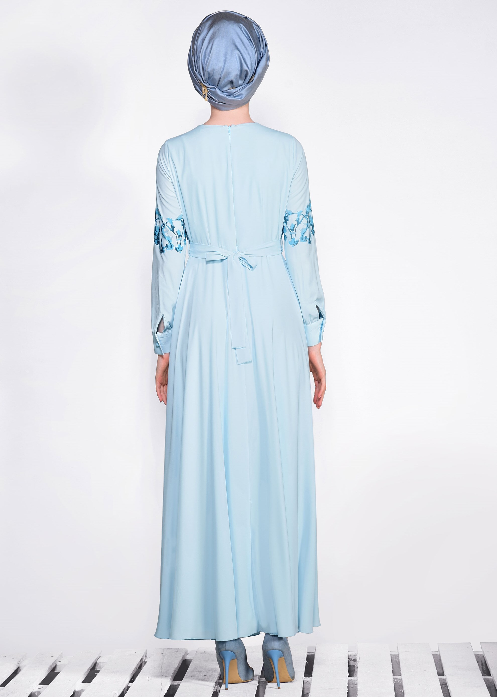 Tesettür giyim MAVİ BASKILI ELBİSE 4114