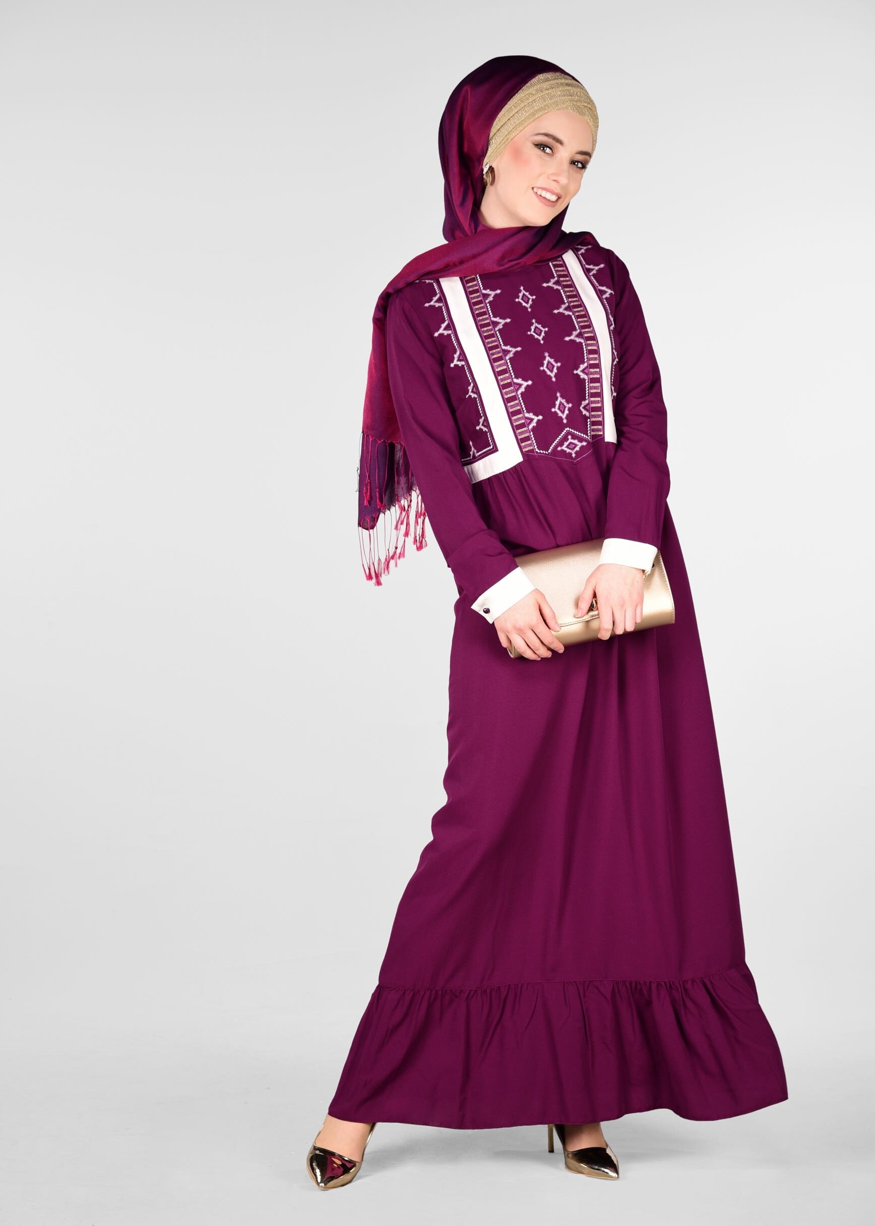 Tesettür giyim MÜRDÜM ETEK UCU PİLELİ BASKILI ELBİSE 4128