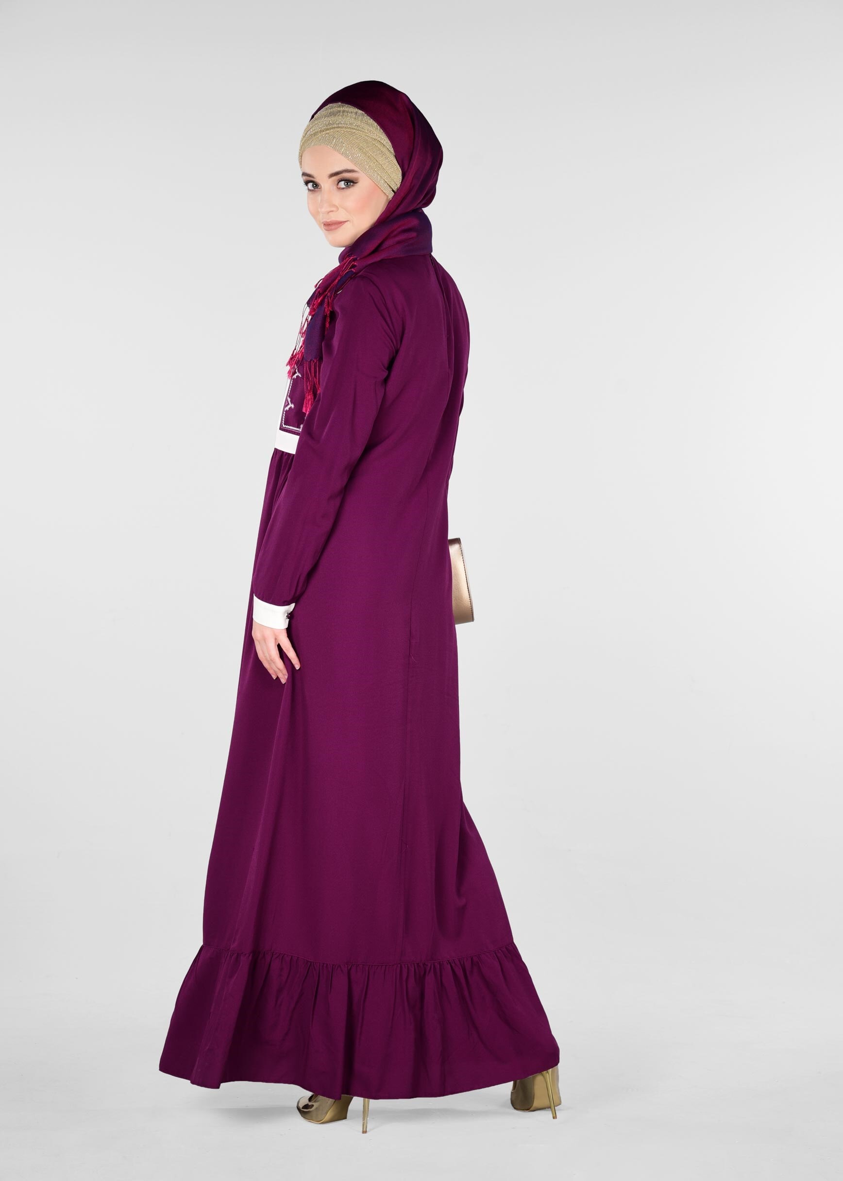 Tesettür giyim MÜRDÜM ETEK UCU PİLELİ BASKILI ELBİSE 4128