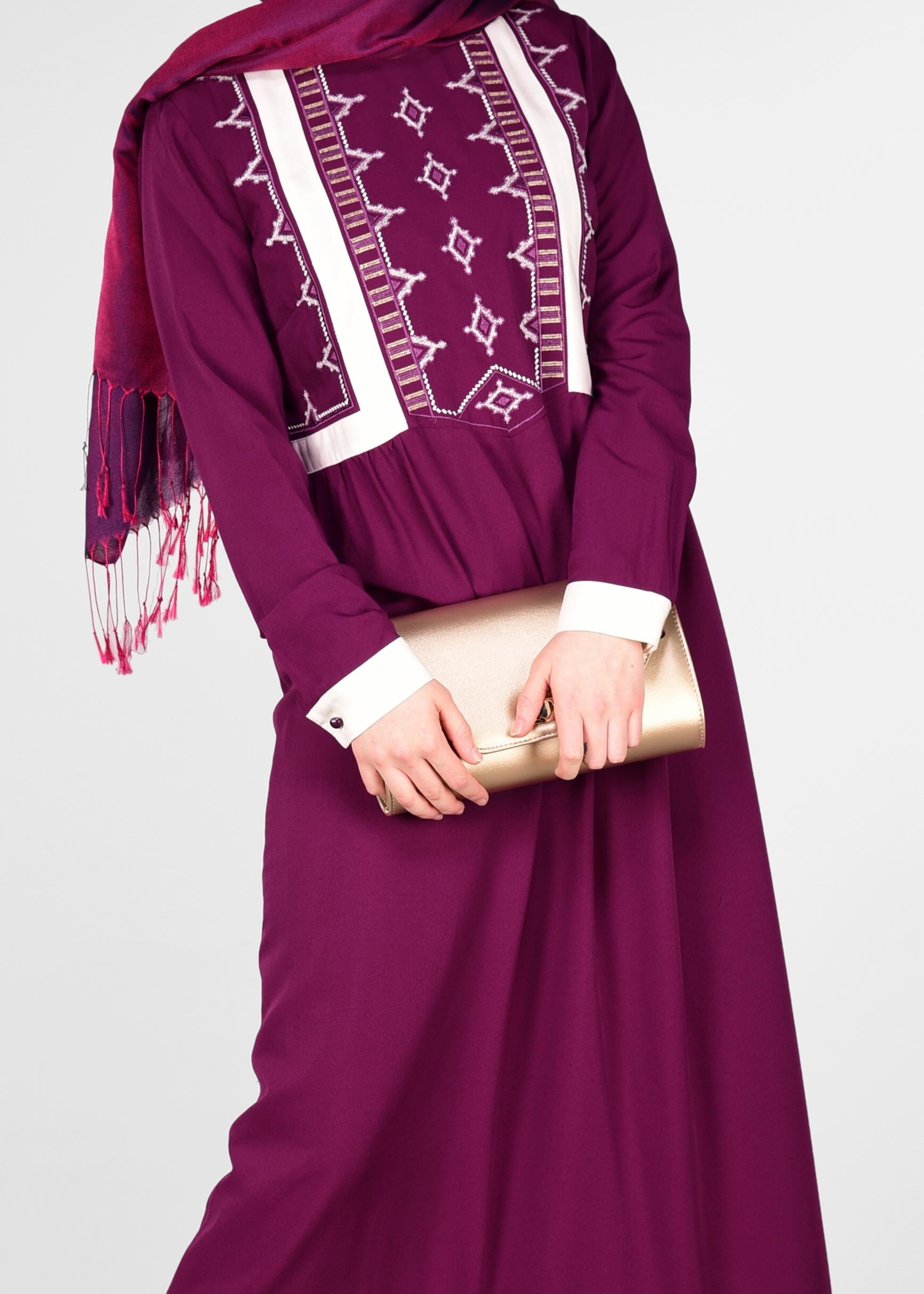 Tesettür giyim MÜRDÜM ETEK UCU PİLELİ BASKILI ELBİSE 4128