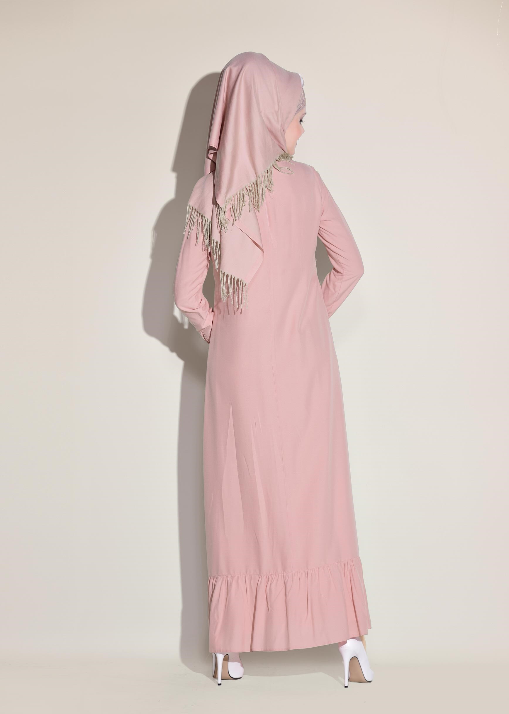 Tesettür giyim PUDRA ETEK UCU PİLELİ BASKILI ELBİSE 4128