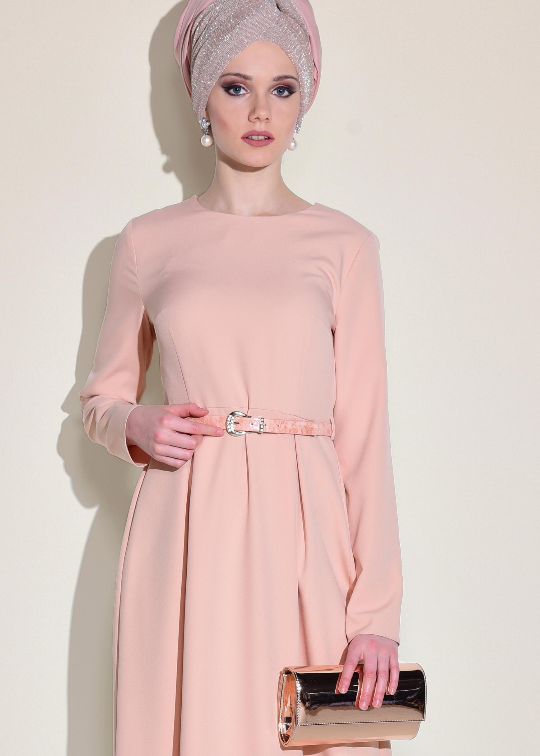 Tesettür giyim PUDRA ETEK UCU GÜPÜRLÜ ELBİSE 4129