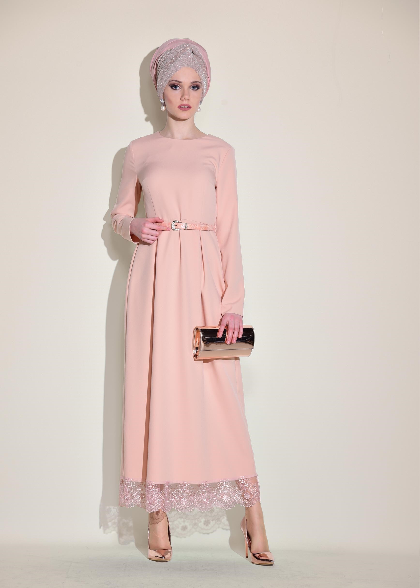 Tesettür giyim PUDRA ETEK UCU GÜPÜRLÜ ELBİSE 4129