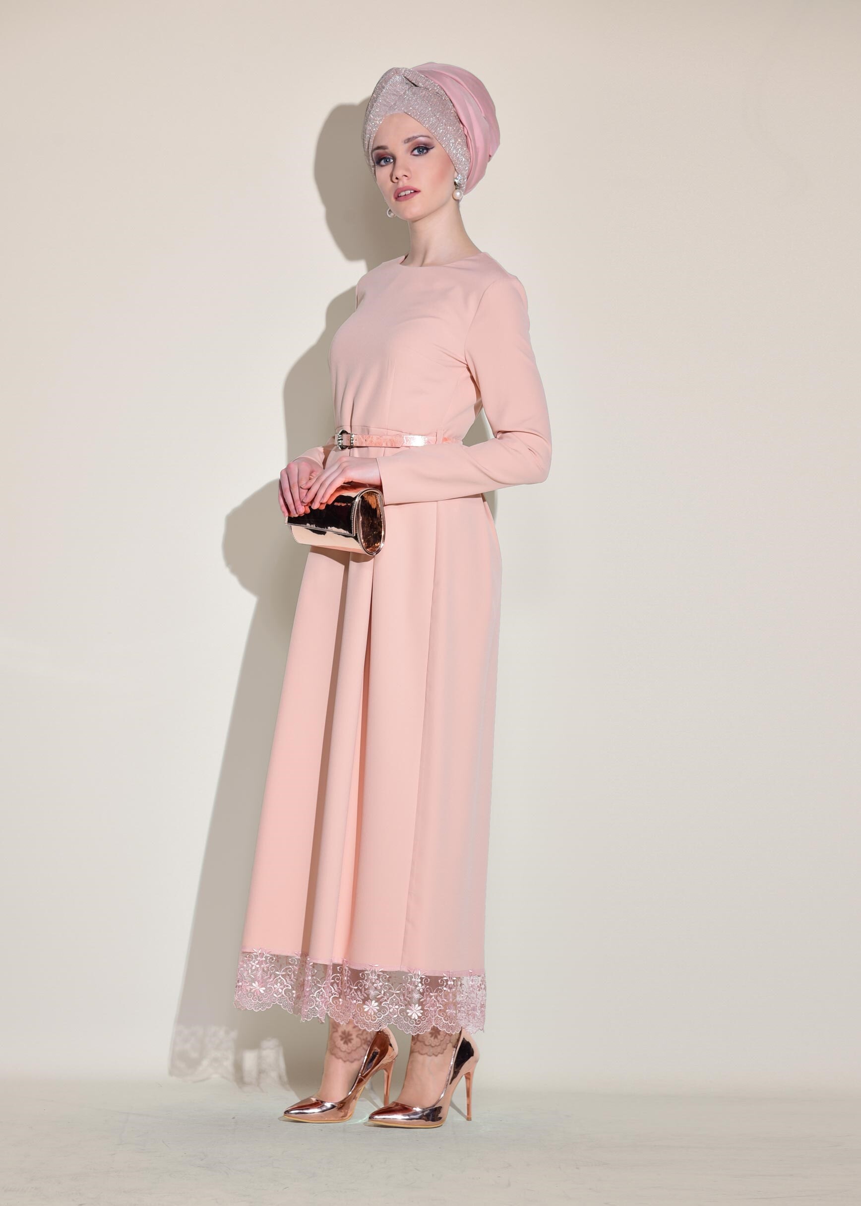 Tesettür giyim PUDRA ETEK UCU GÜPÜRLÜ ELBİSE 4129