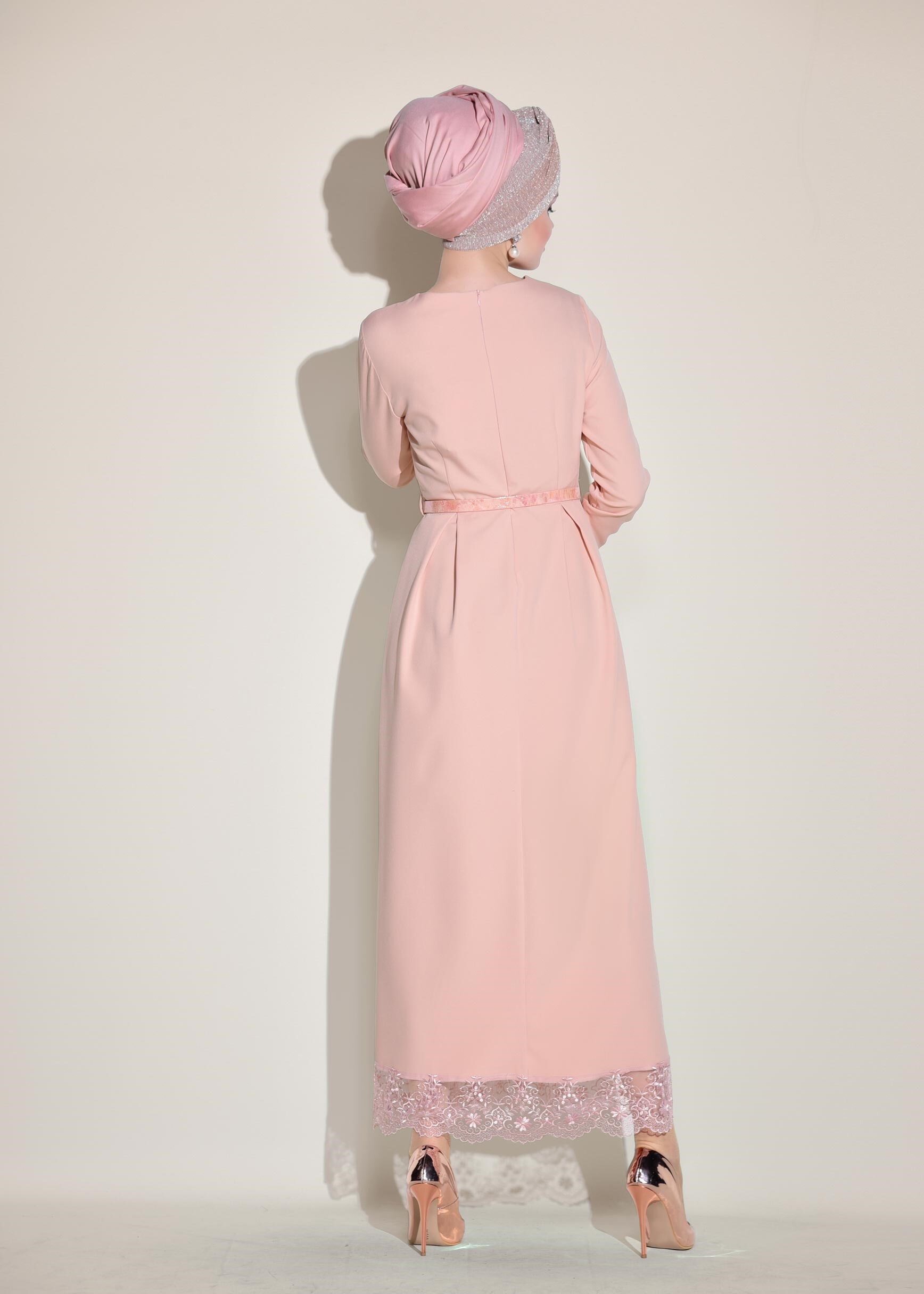Tesettür giyim PUDRA ETEK UCU GÜPÜRLÜ ELBİSE 4129