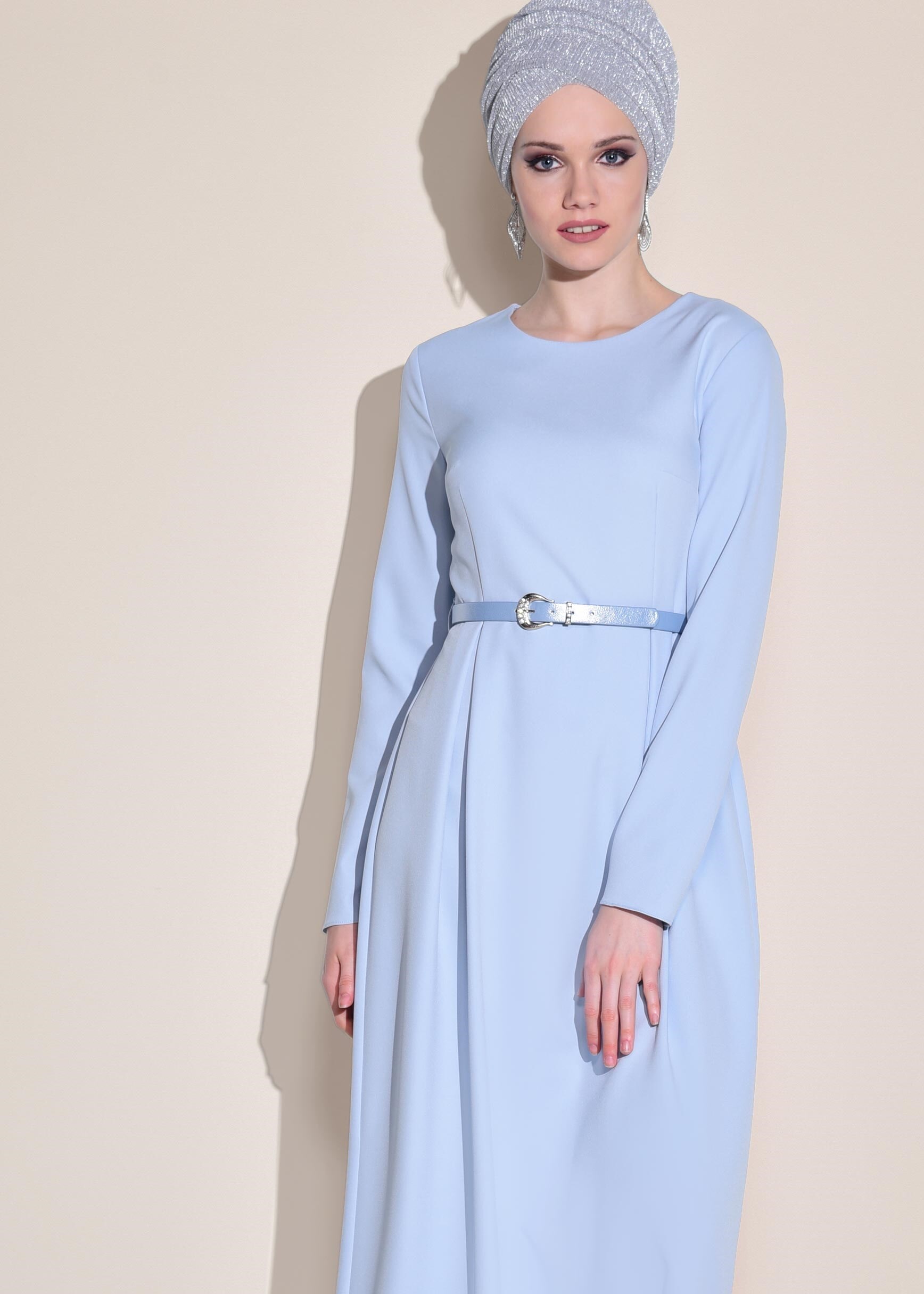 Tesettür giyim MAVİ ETEK UCU GÜPÜRLÜ ELBİSE 4129