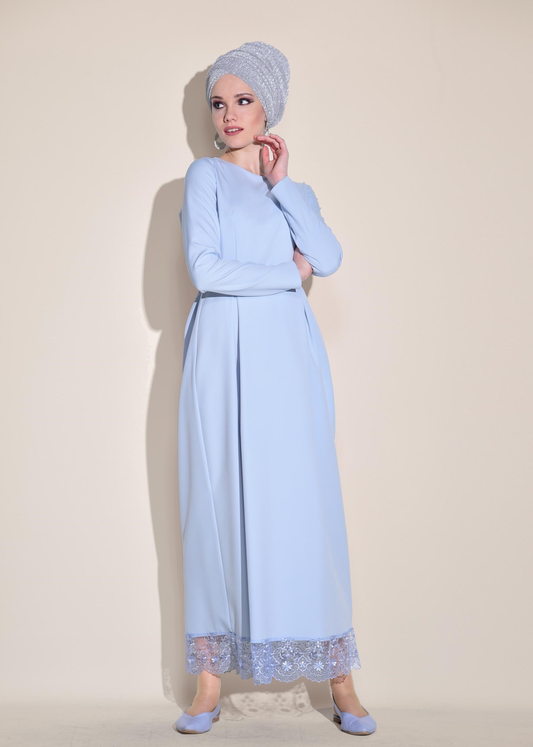 Tesettür giyim MAVİ ETEK UCU GÜPÜRLÜ ELBİSE 4129