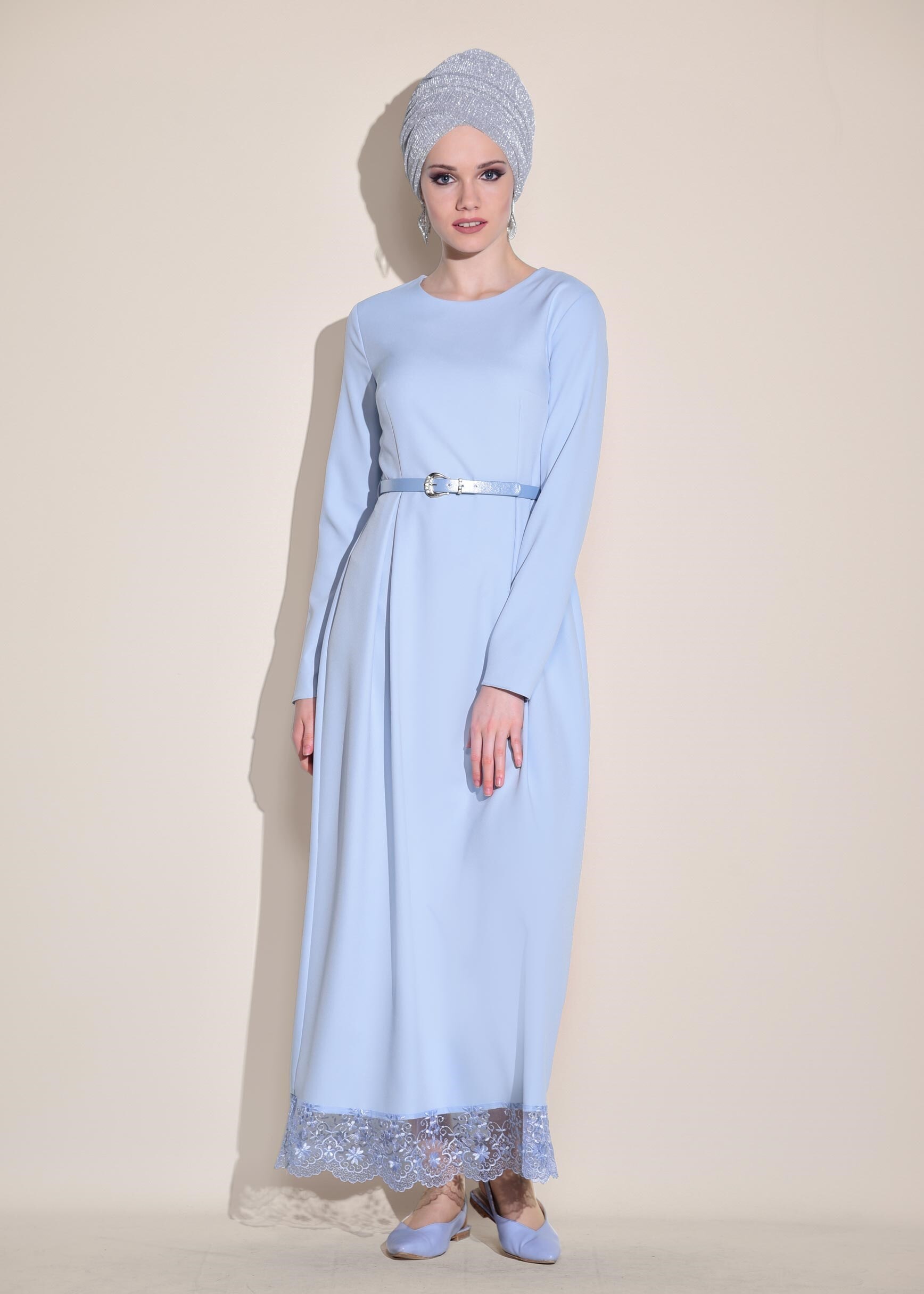 Tesettür giyim MAVİ ETEK UCU GÜPÜRLÜ ELBİSE 4129