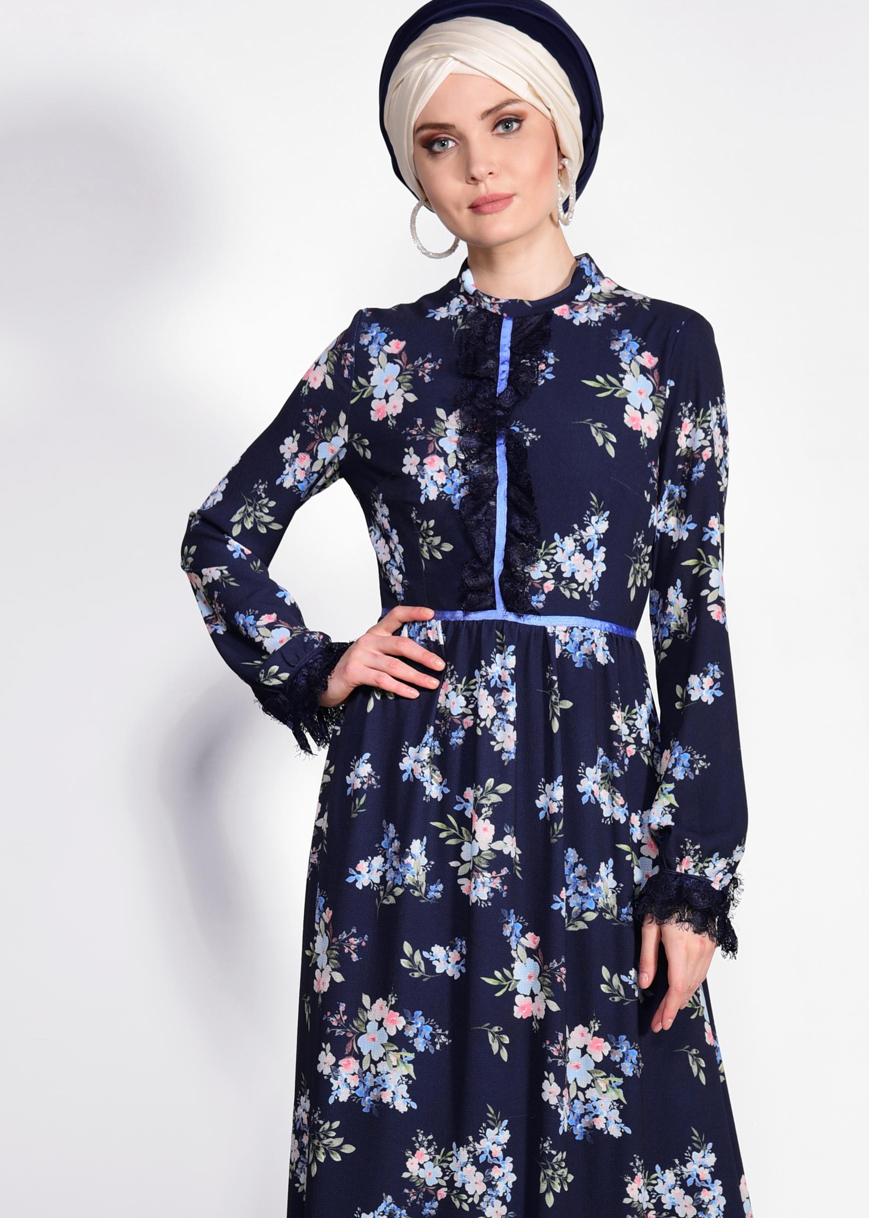 Tesettür giyim LACİVERT ÇİÇEK DESENLİ ELBİSE 4164