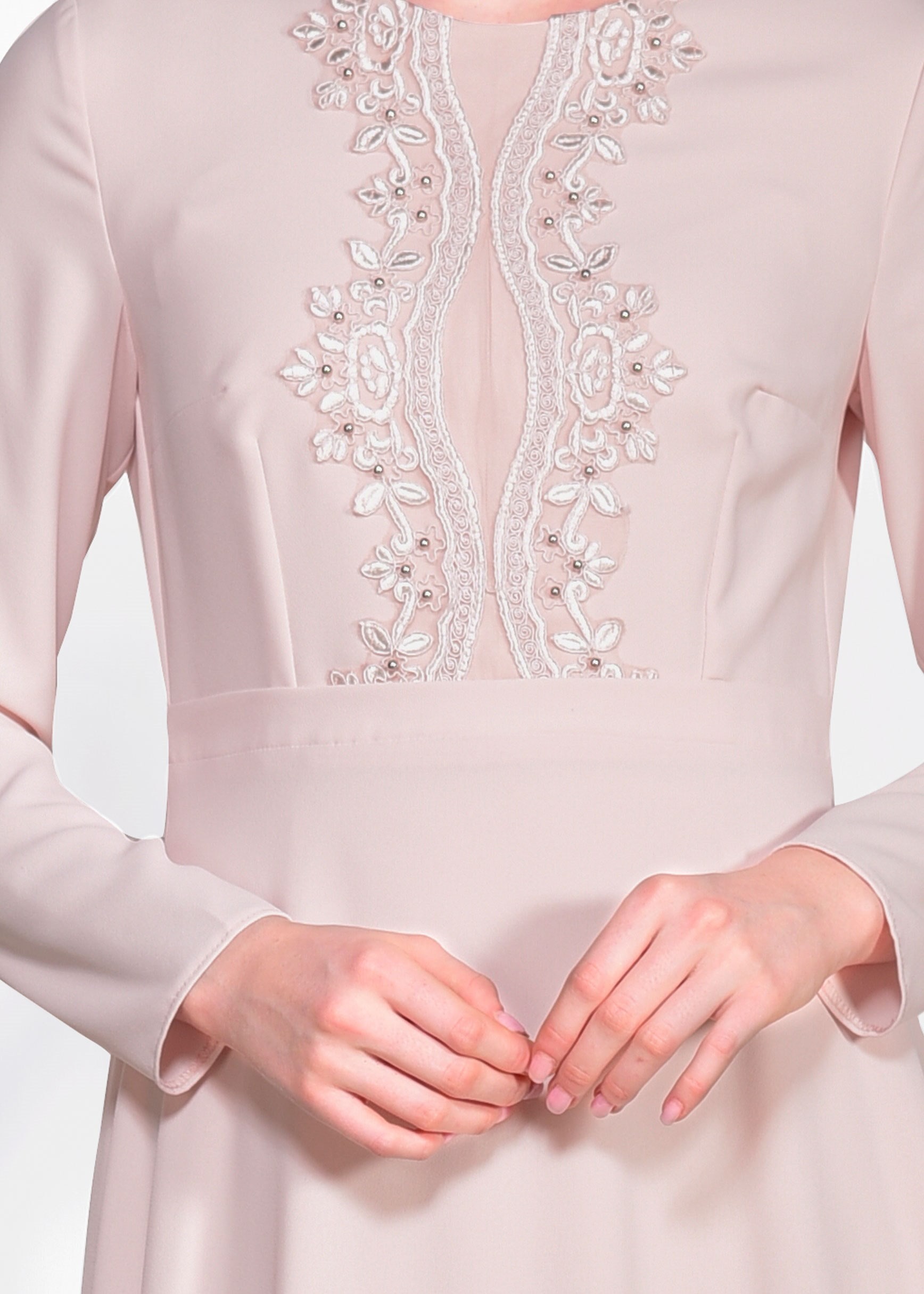 Tesettür giyim PUDRA NAKIŞ DETAYLI ELBİSE 4223