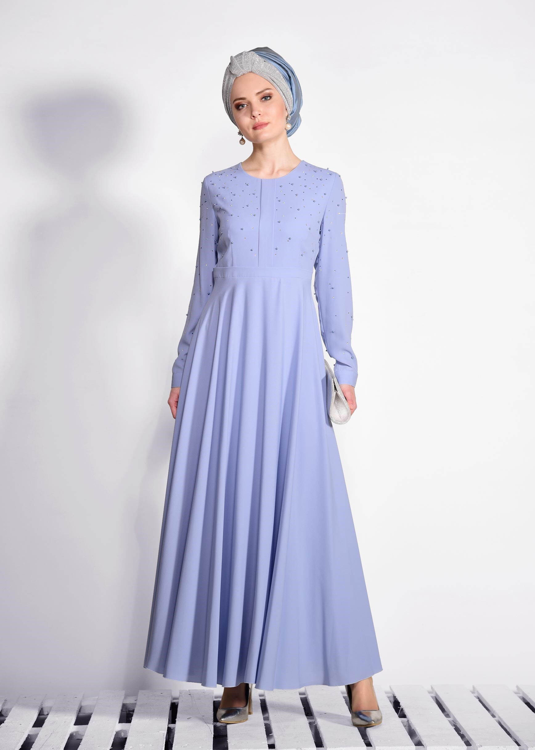 Tesettür giyim MAVİ İNCİ İŞLEMELİ ELBİSE 4228