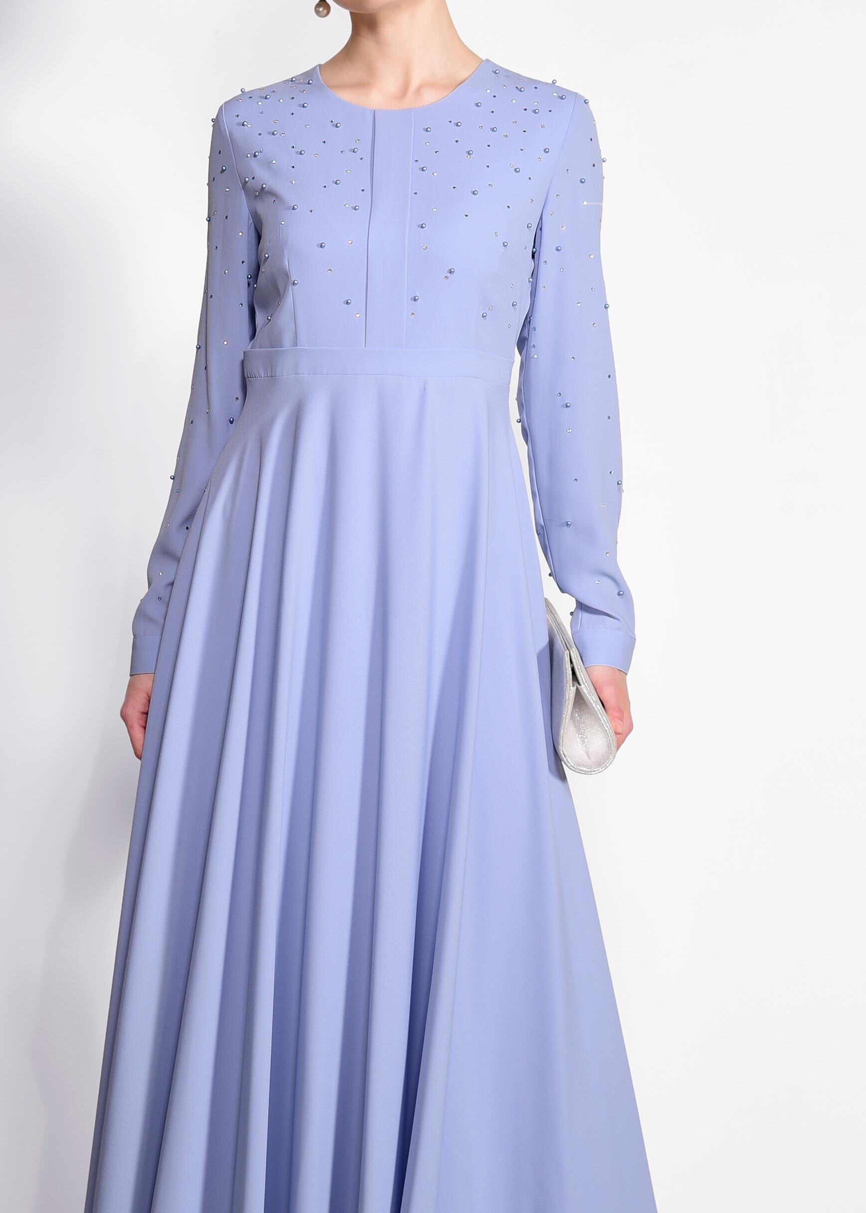 Tesettür giyim MAVİ İNCİ İŞLEMELİ ELBİSE 4228