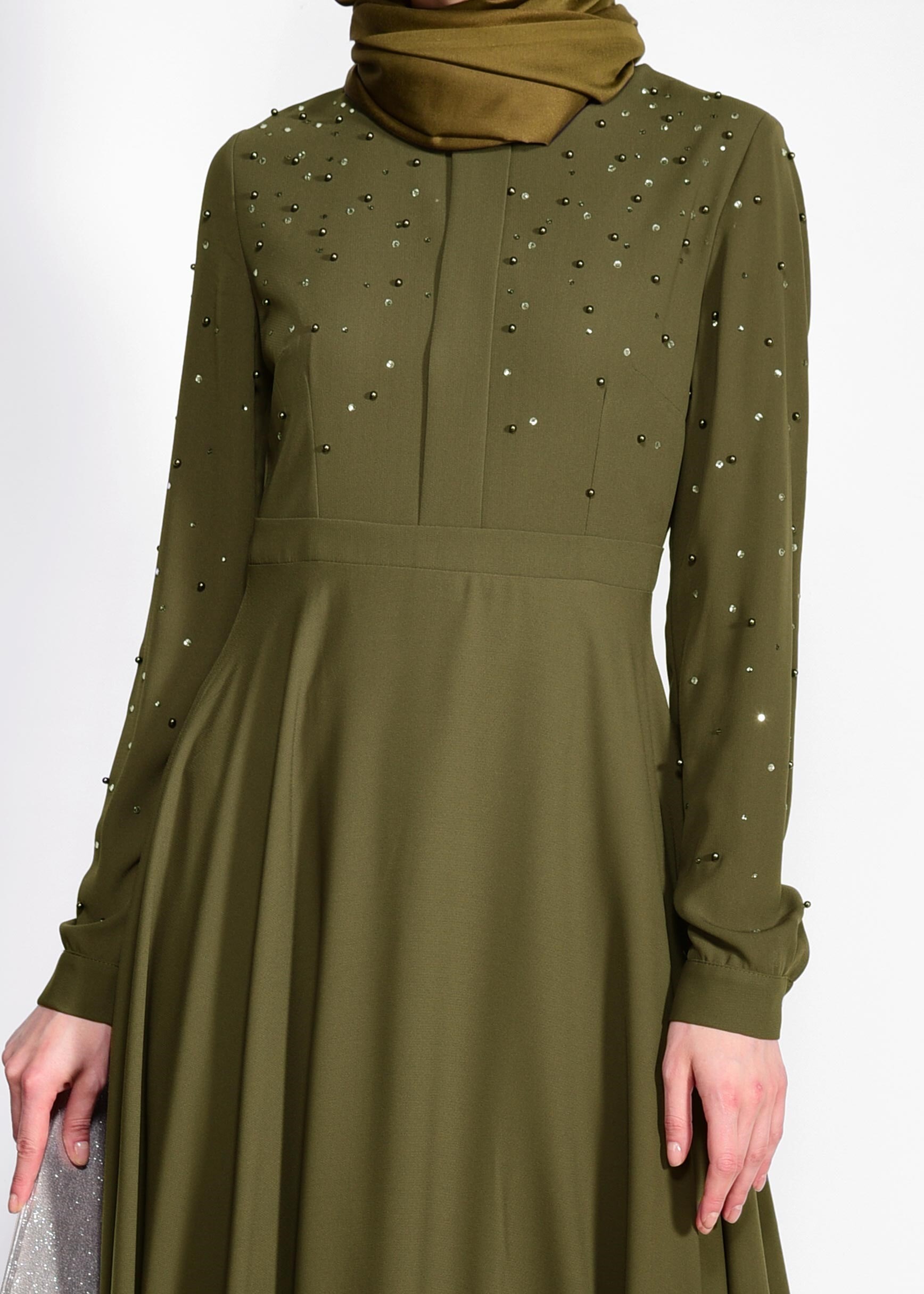 Tesettür giyim HAKİ İNCİ İŞLEMELİ ELBİSE 4228