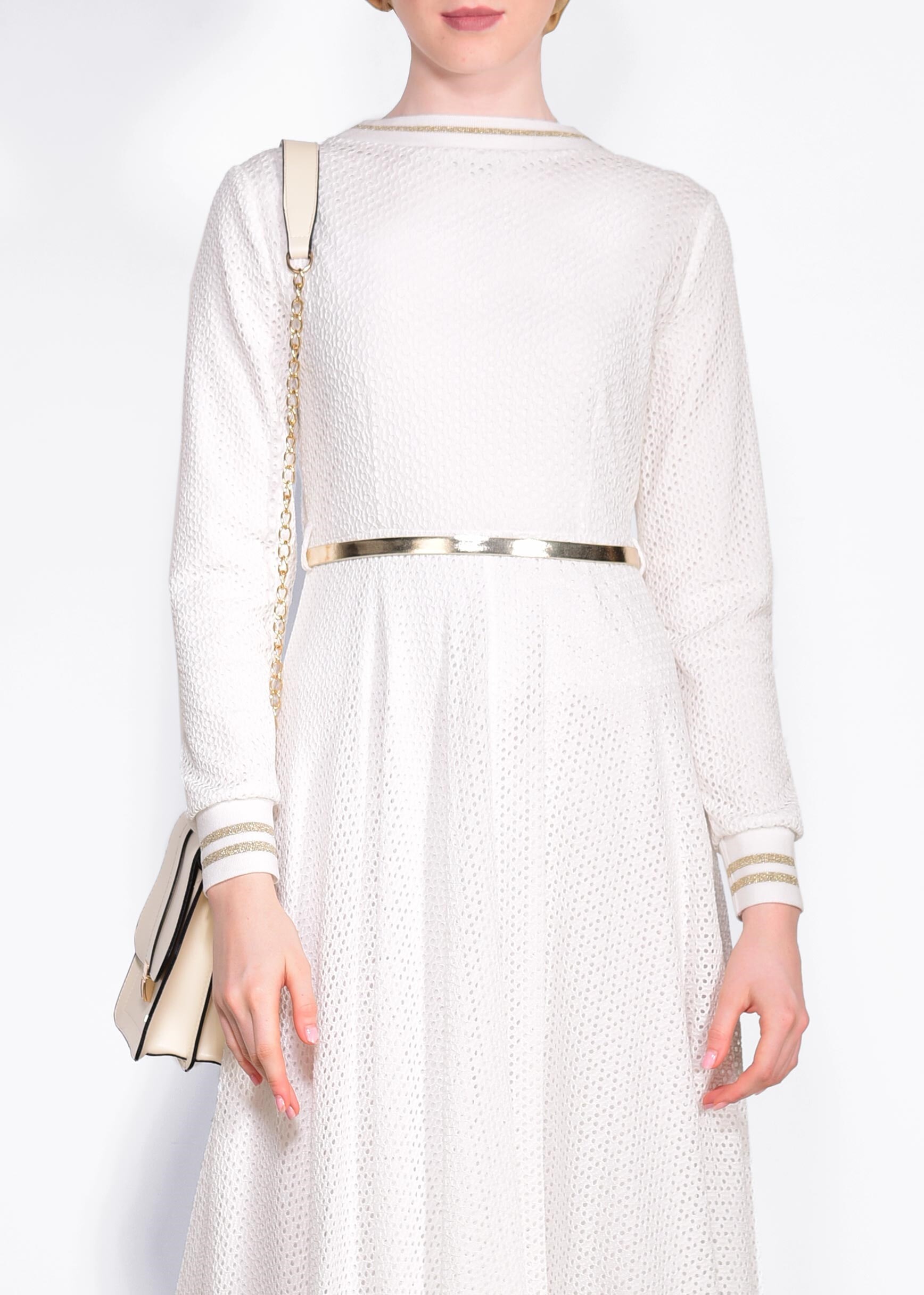 Tesettür giyim BEYAZ FİLE DESENLİ ELBİSE 4254