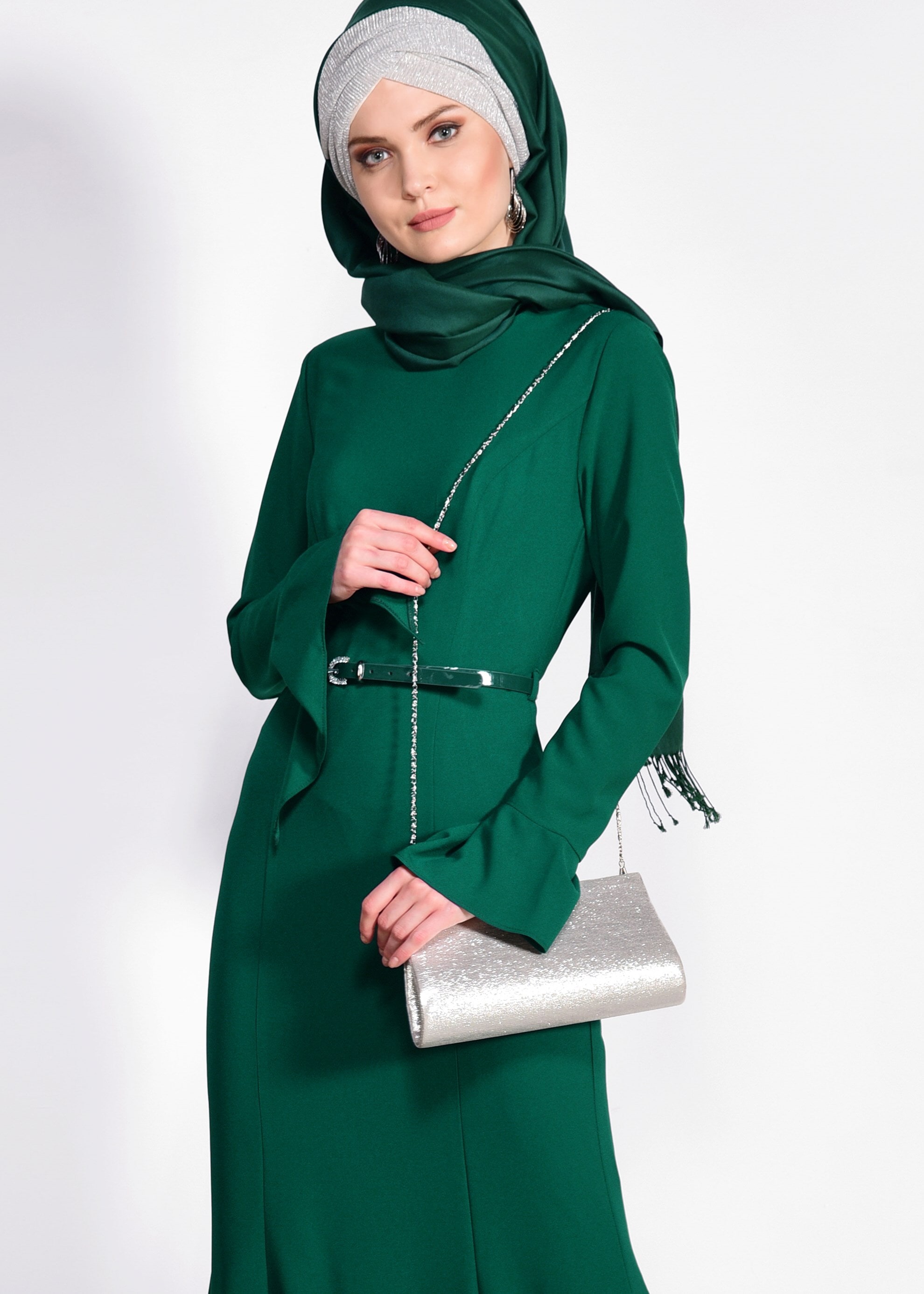 Tesettür giyim YEŞİL BİSİKLET YAKA ELBİSE 4289