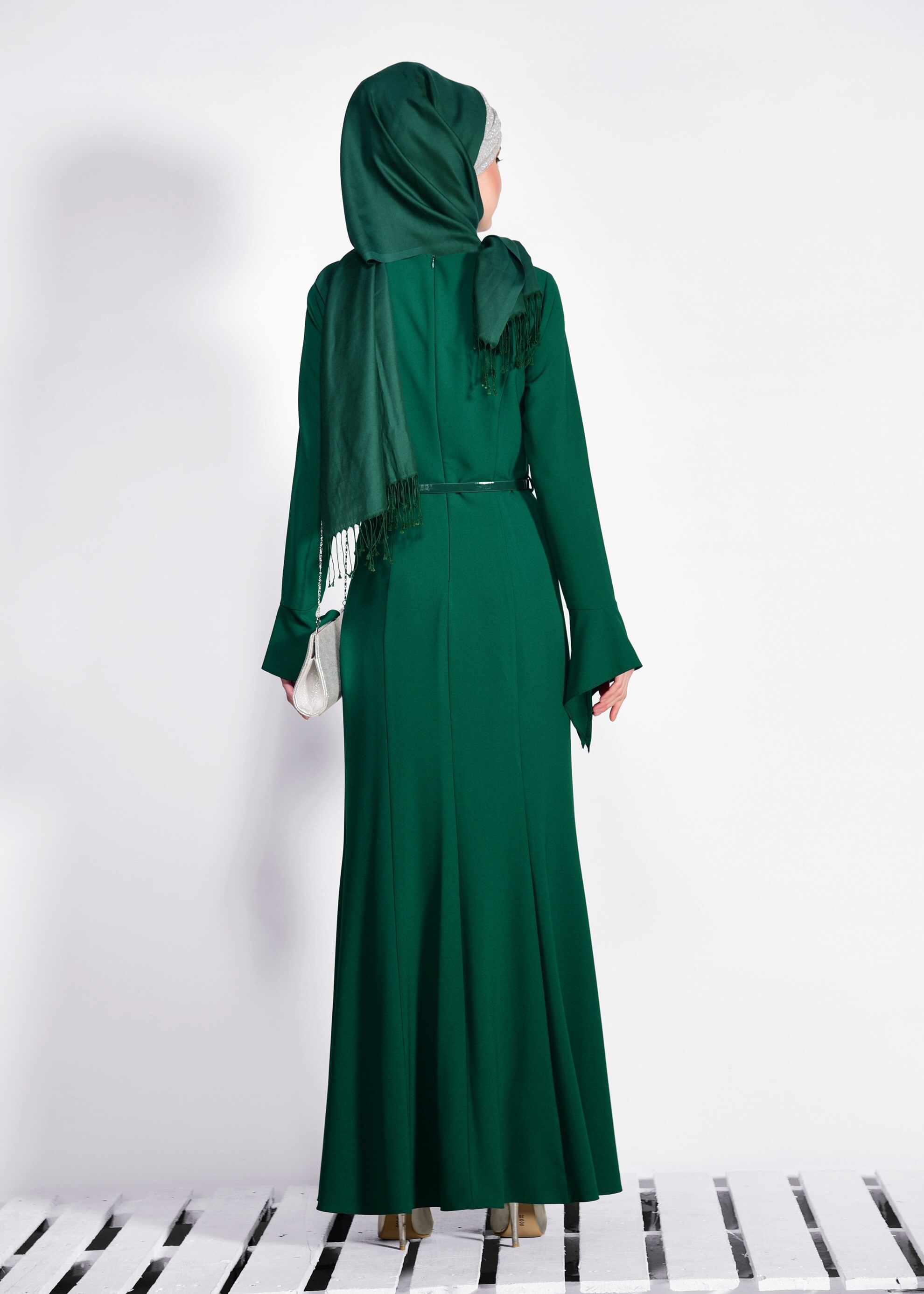 Tesettür giyim YEŞİL BİSİKLET YAKA ELBİSE 4289