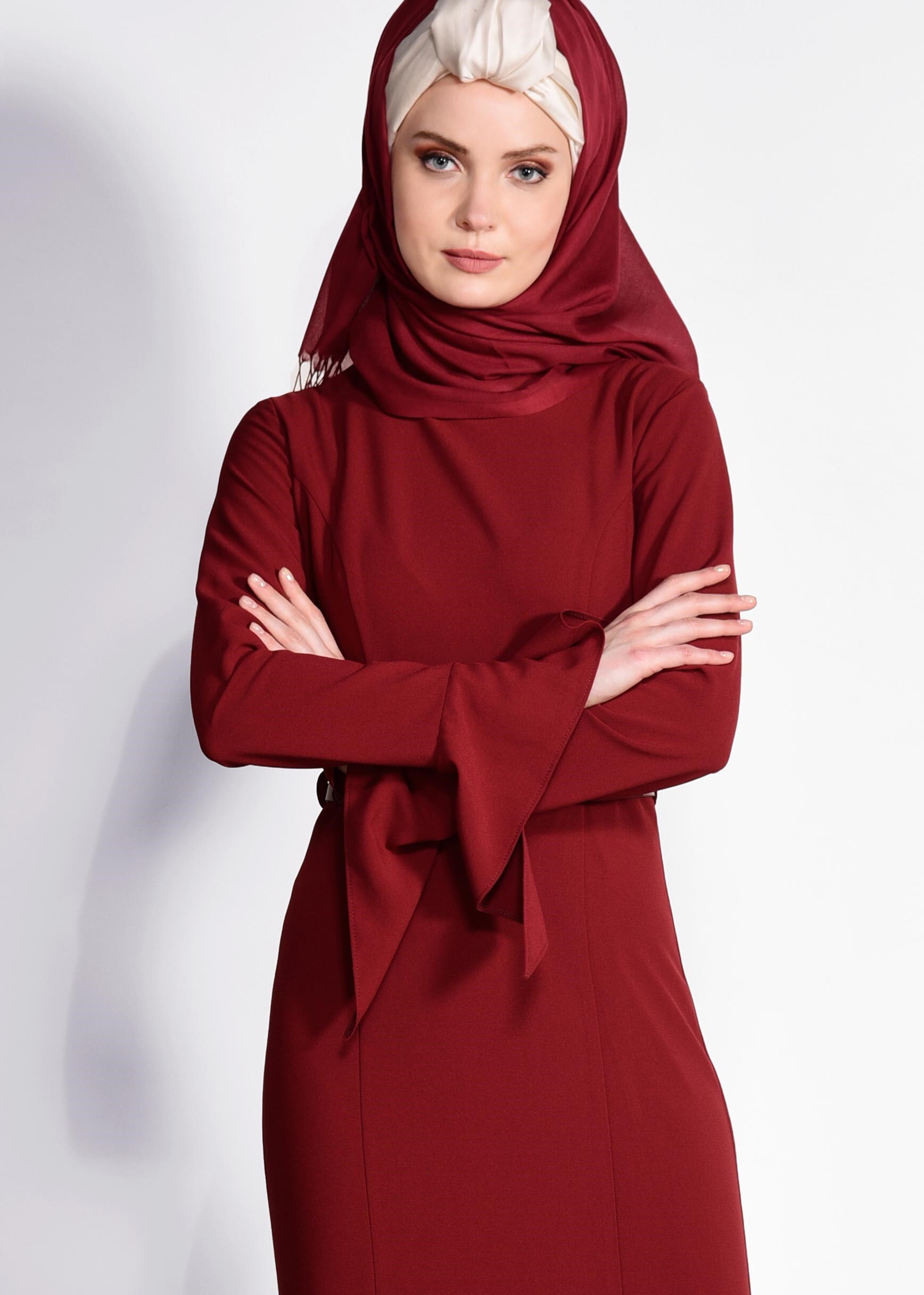 Tesettür giyim BORDO BİSİKLET YAKA ELBİSE 4289