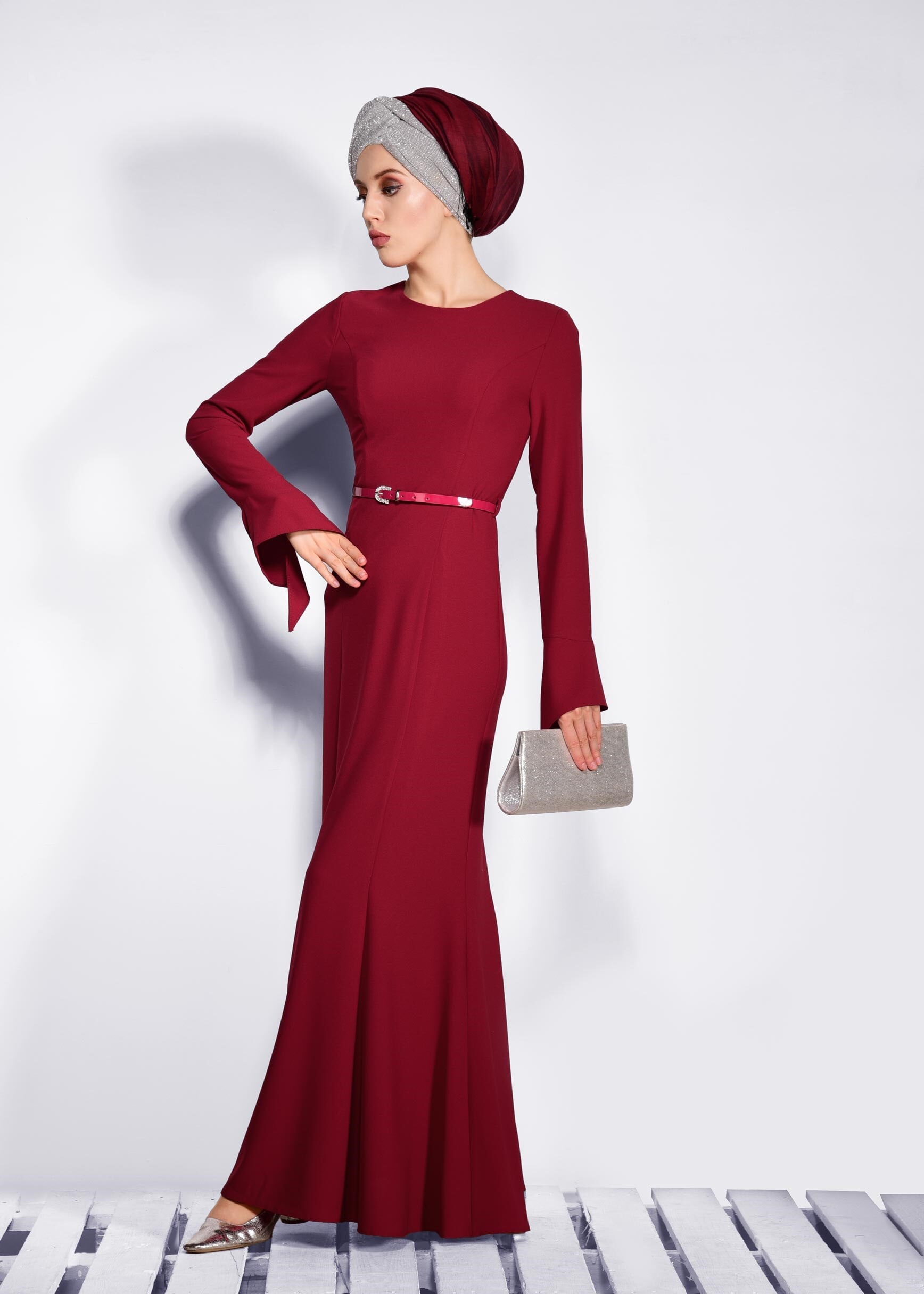 Tesettür giyim KIRMIZI BİSİKLET YAKA ELBİSE 4289