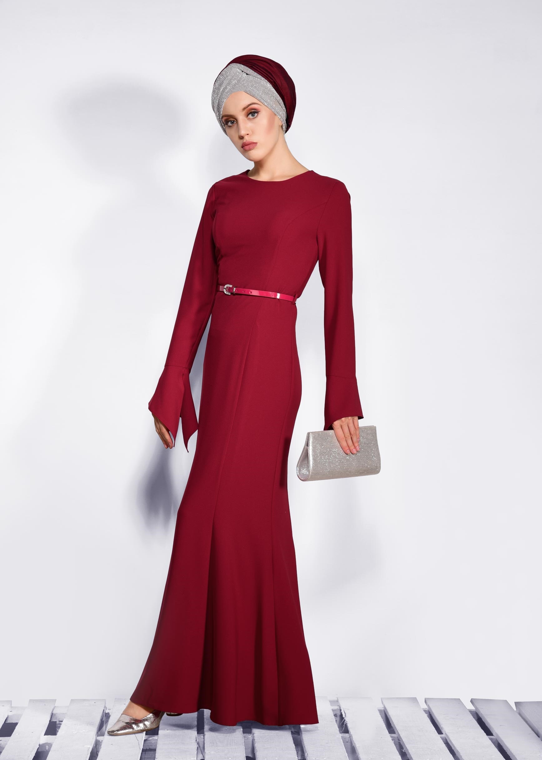 Tesettür giyim KIRMIZI BİSİKLET YAKA ELBİSE 4289