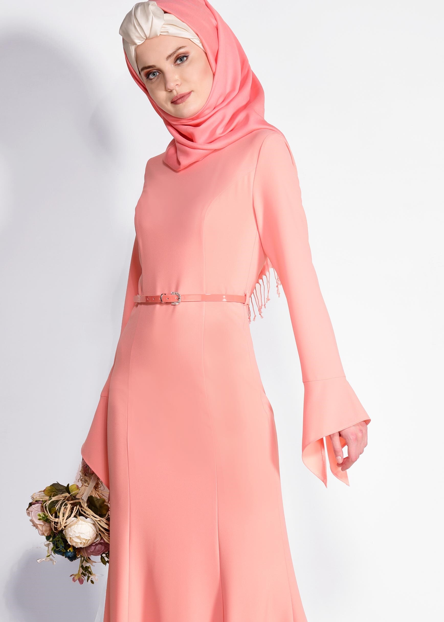 Tesettür giyim PUDRA BİSİKLET YAKA ELBİSE 4289