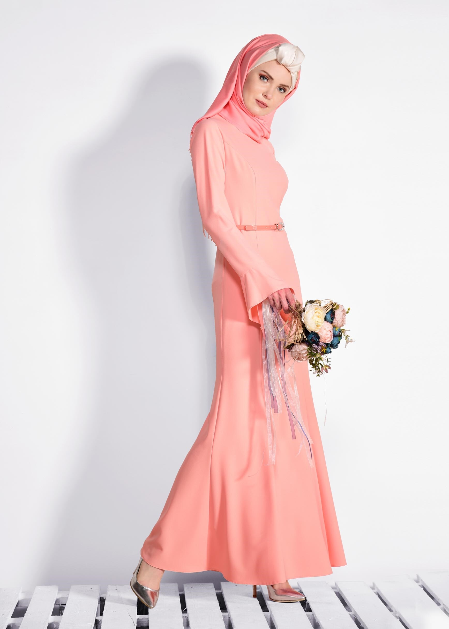 Tesettür giyim PUDRA BİSİKLET YAKA ELBİSE 4289