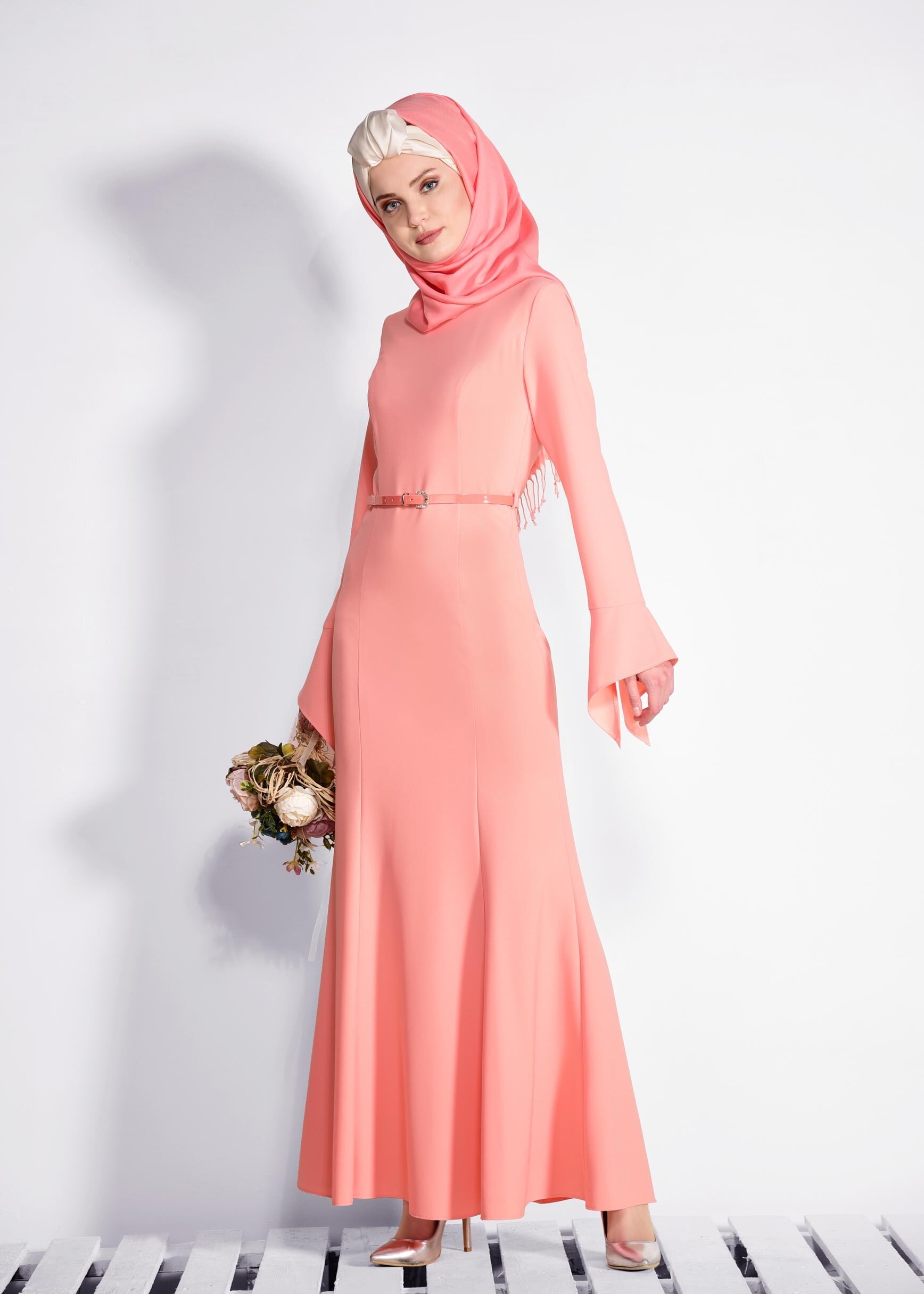 Tesettür giyim PUDRA BİSİKLET YAKA ELBİSE 4289