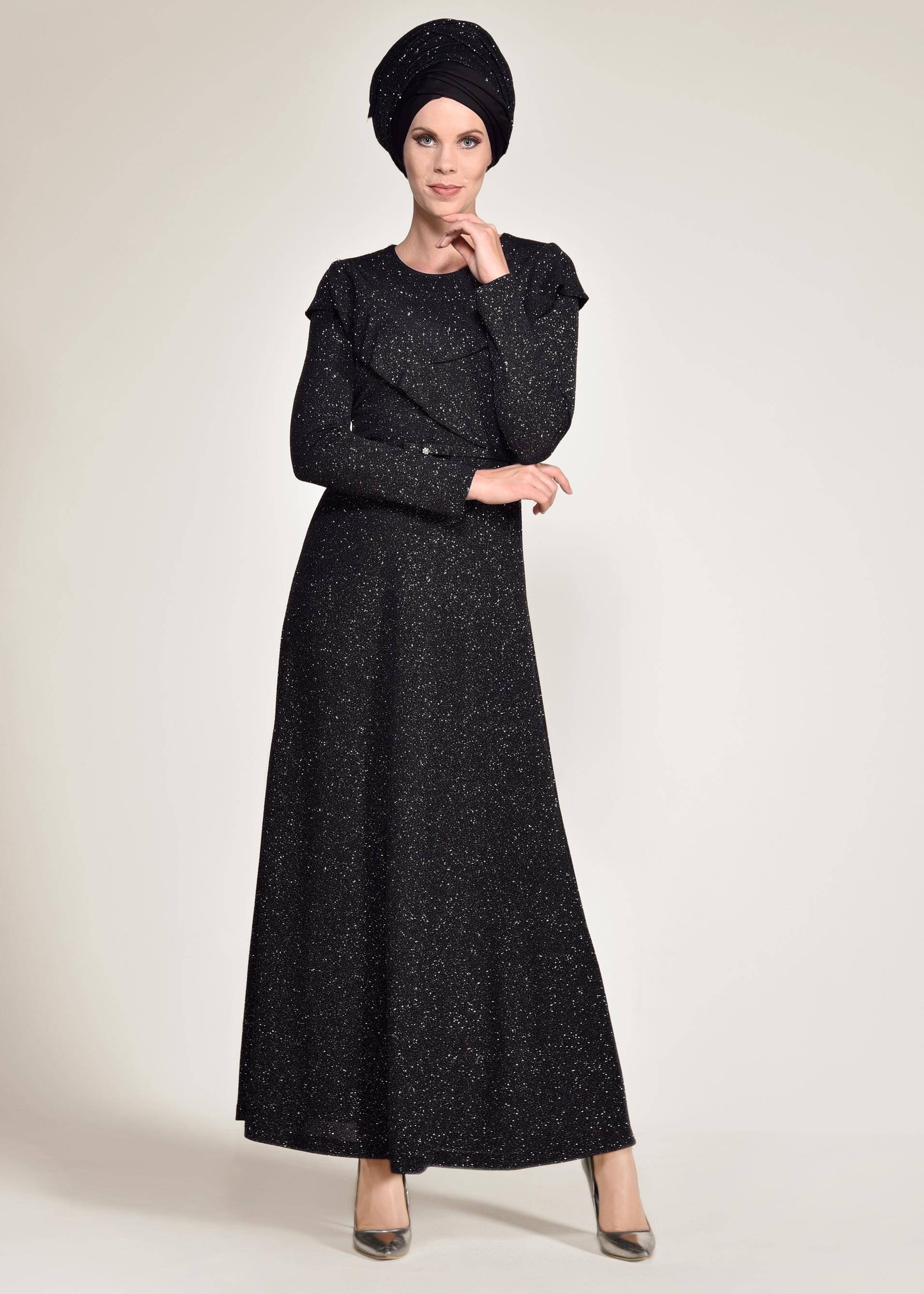 Tesettür giyim SİYAH BELİ KEMERLİ SİMLİ ABİYE ELBİSE 4308