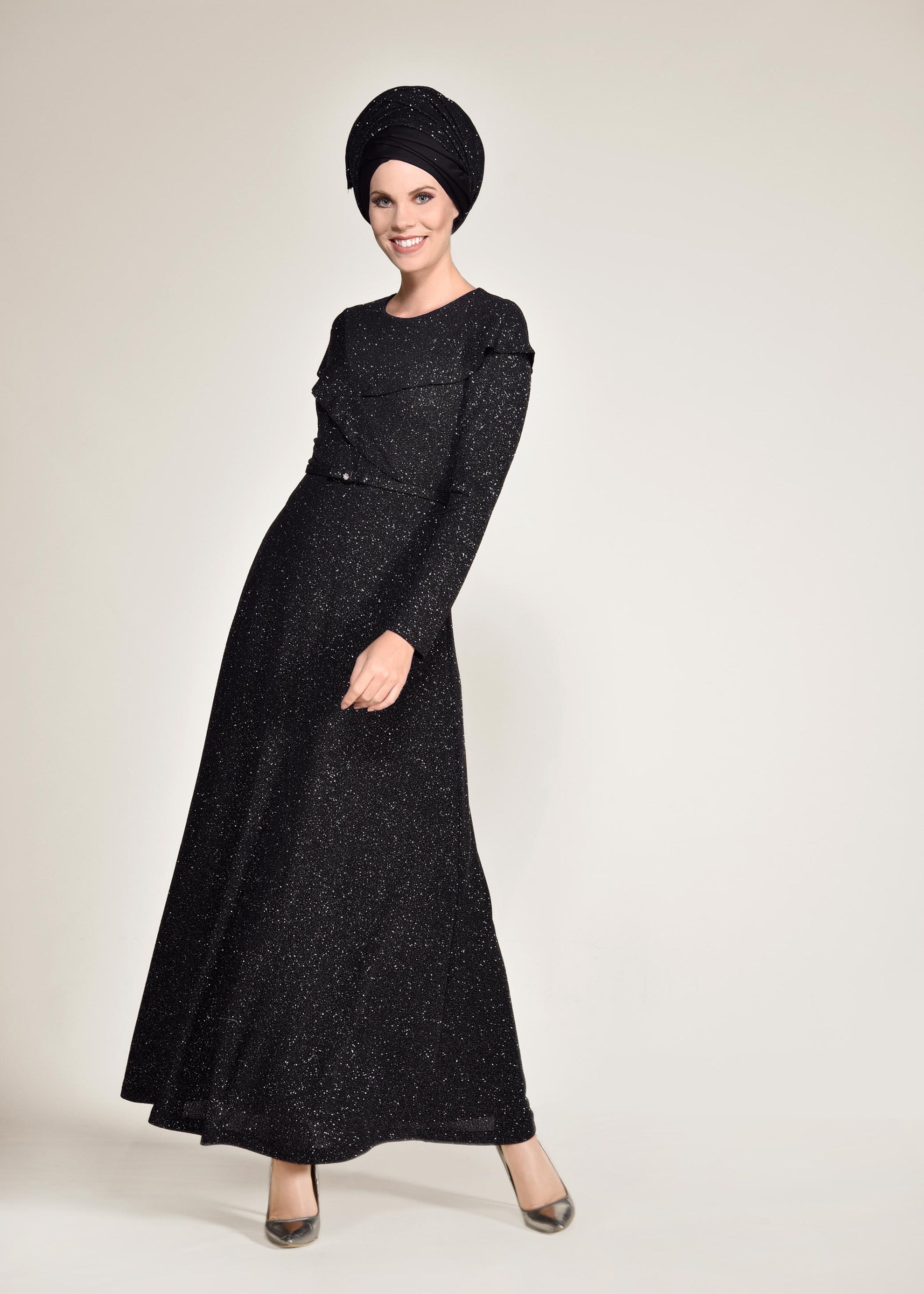 Tesettür giyim SİYAH BELİ KEMERLİ SİMLİ ABİYE ELBİSE 4308