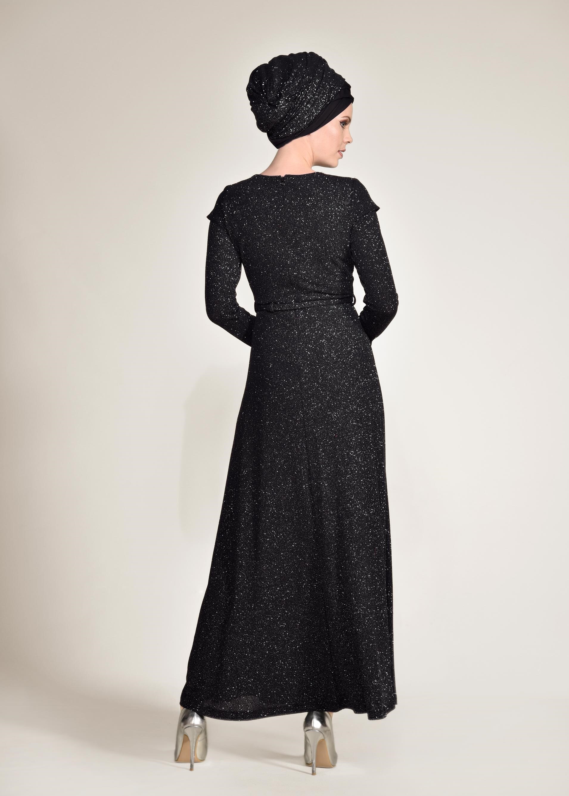 Tesettür giyim SİYAH BELİ KEMERLİ SİMLİ ABİYE ELBİSE 4308