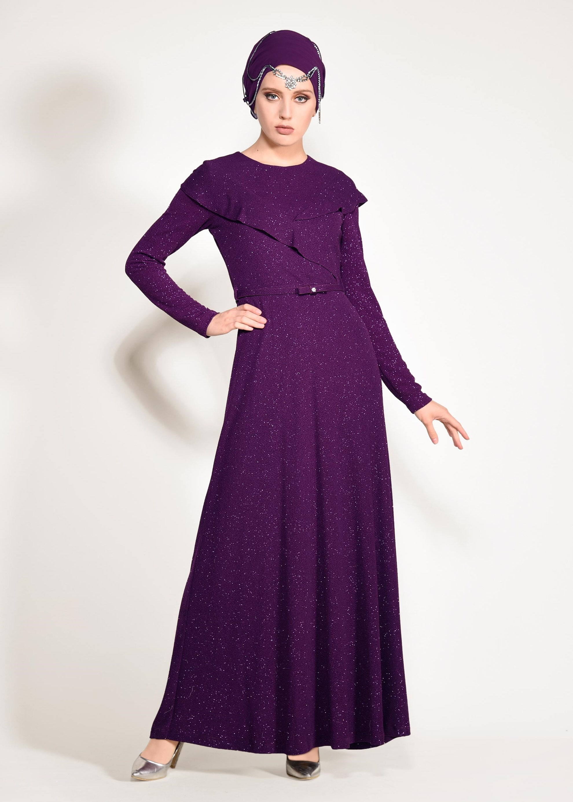 Tesettür giyim MOR BELİ KEMERLİ SİMLİ ABİYE ELBİSE 4308