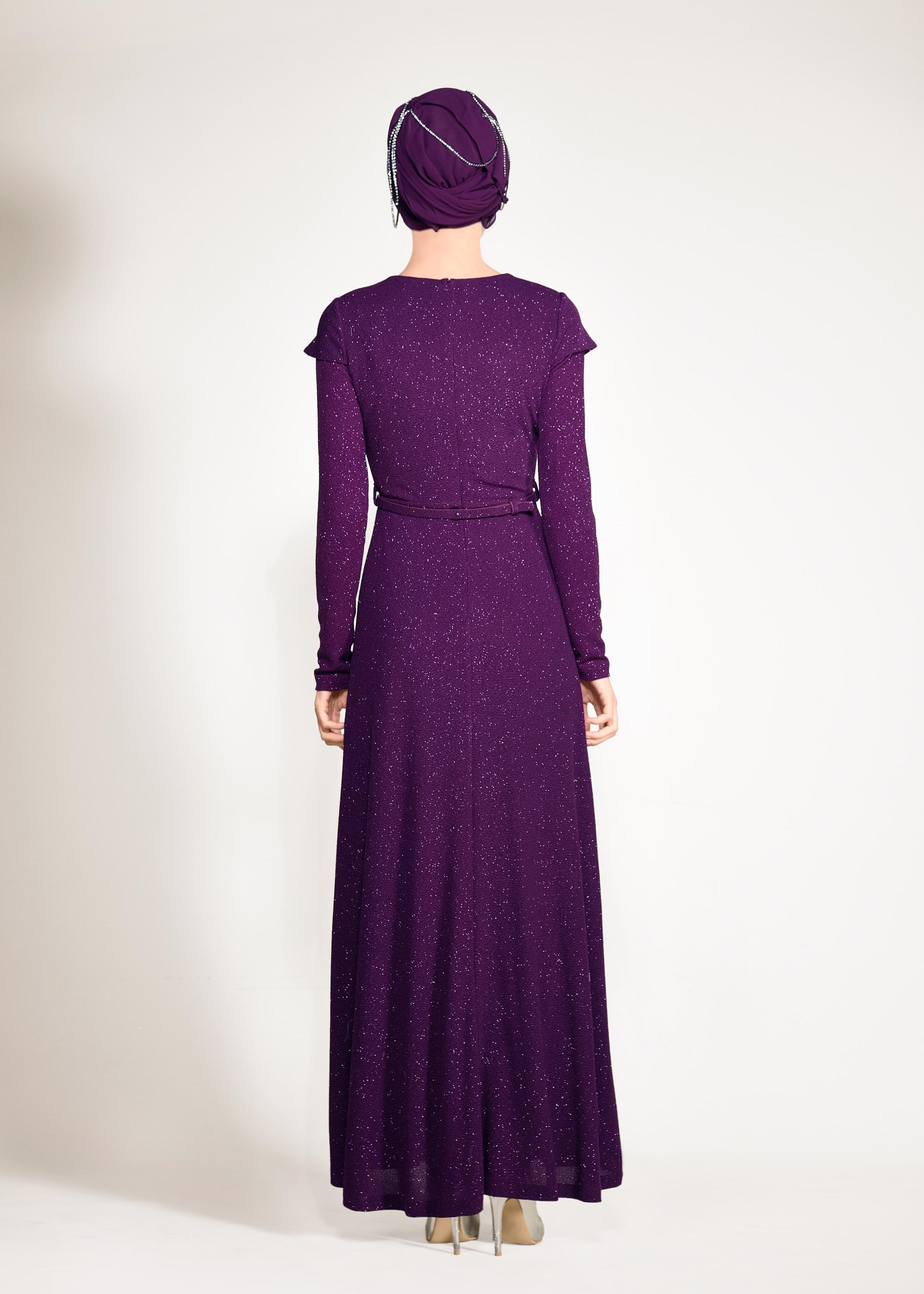 Tesettür giyim MOR BELİ KEMERLİ SİMLİ ABİYE ELBİSE 4308