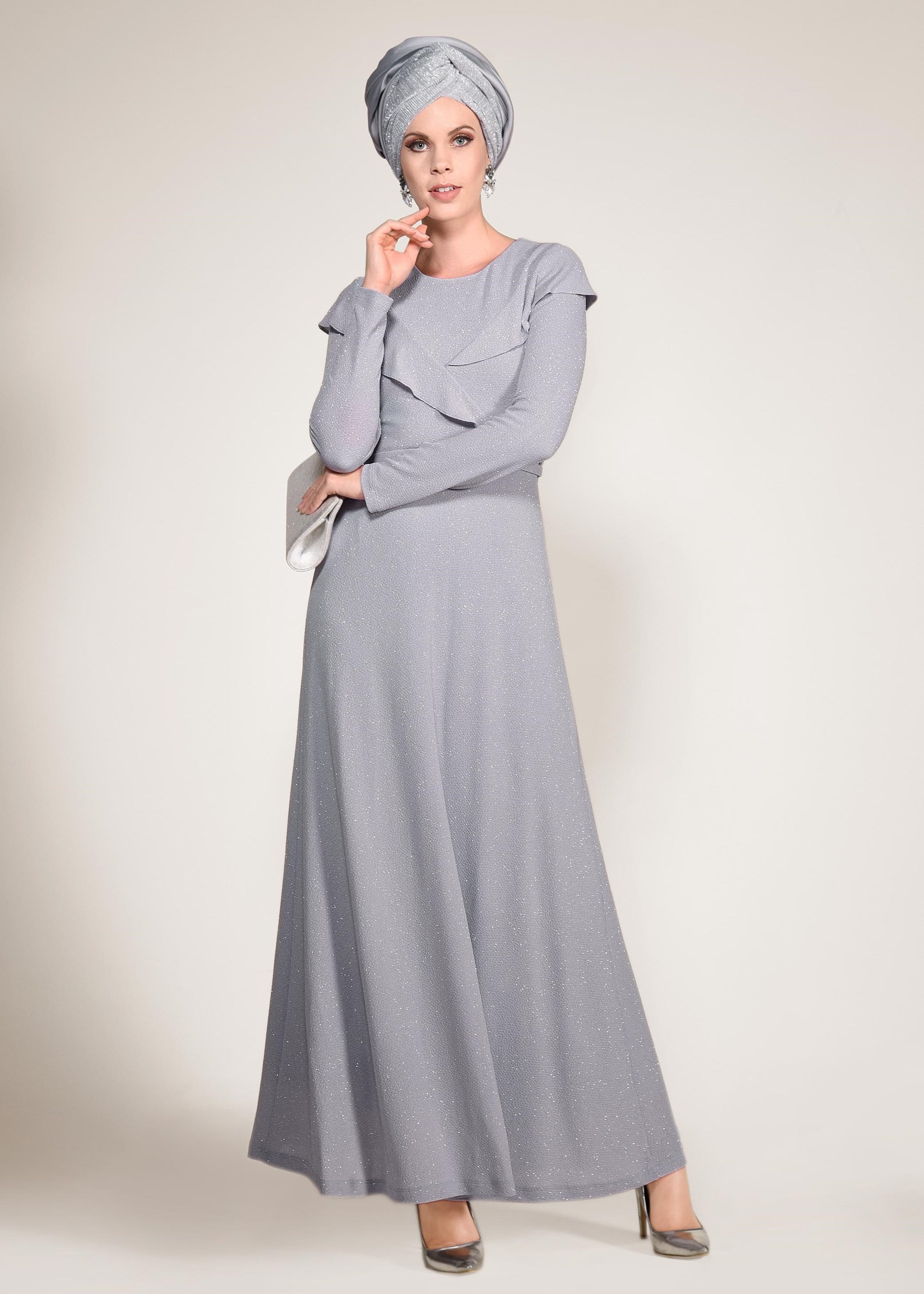 Tesettür giyim GRİ BELİ KEMERLİ SİMLİ ABİYE ELBİSE 4308