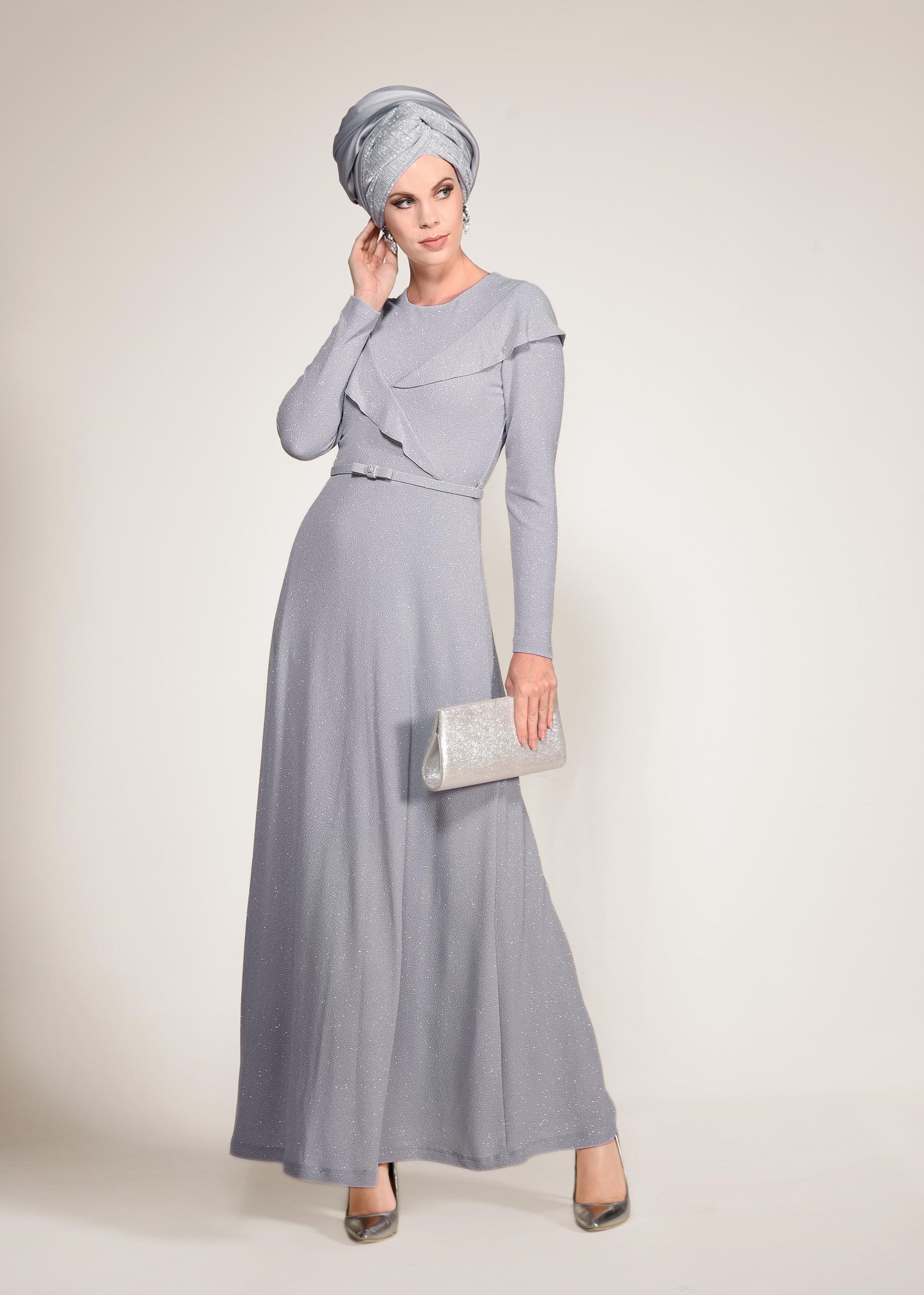 Tesettür giyim GRİ BELİ KEMERLİ SİMLİ ABİYE ELBİSE 4308
