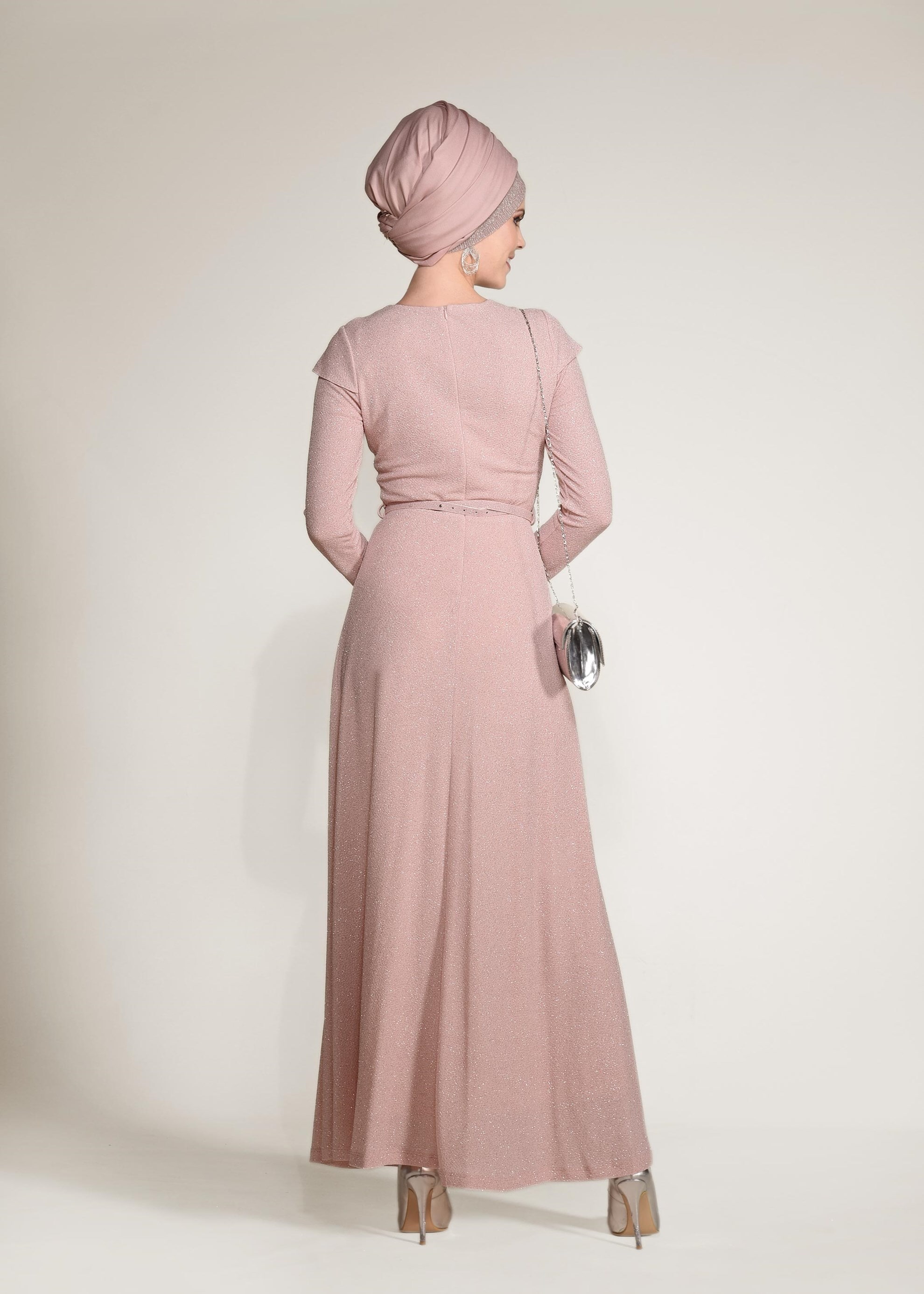 Tesettür giyim PUDRA BELİ KEMERLİ SİMLİ ABİYE ELBİSE 4308