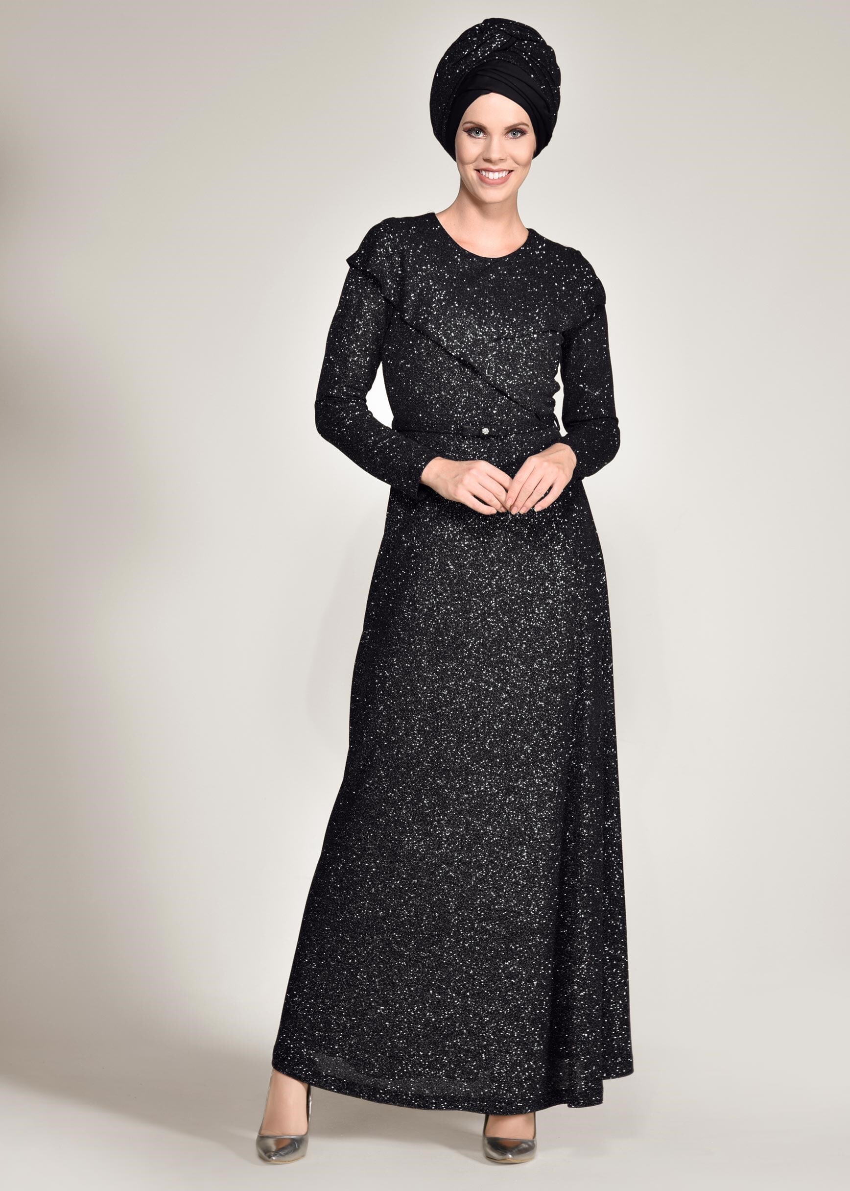 Tesettür giyim SİYAH BELİ KEMERLİ SİMLİ ABİYE ELBİSE 4308