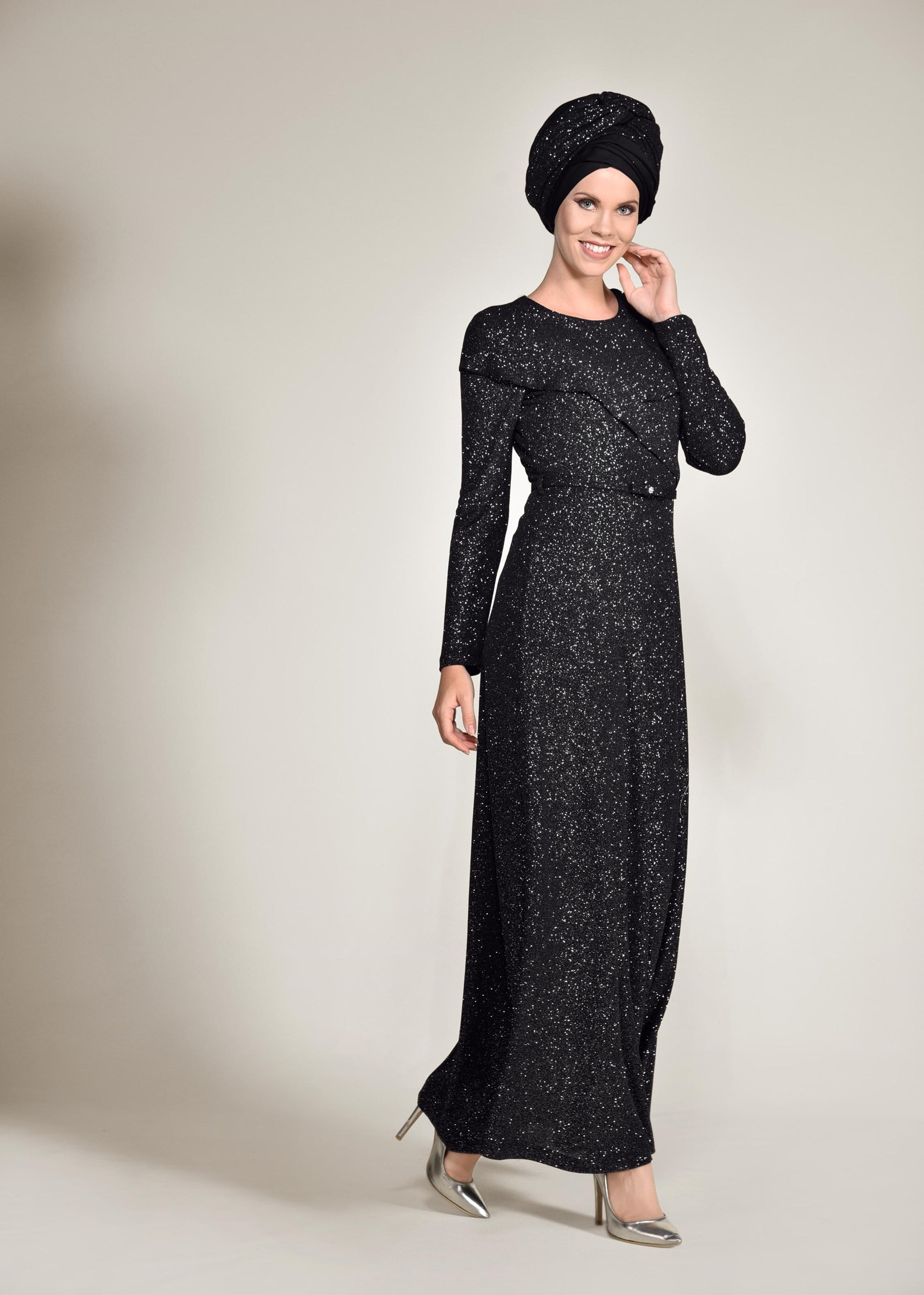 Tesettür giyim SİYAH BELİ KEMERLİ SİMLİ ABİYE ELBİSE 4308