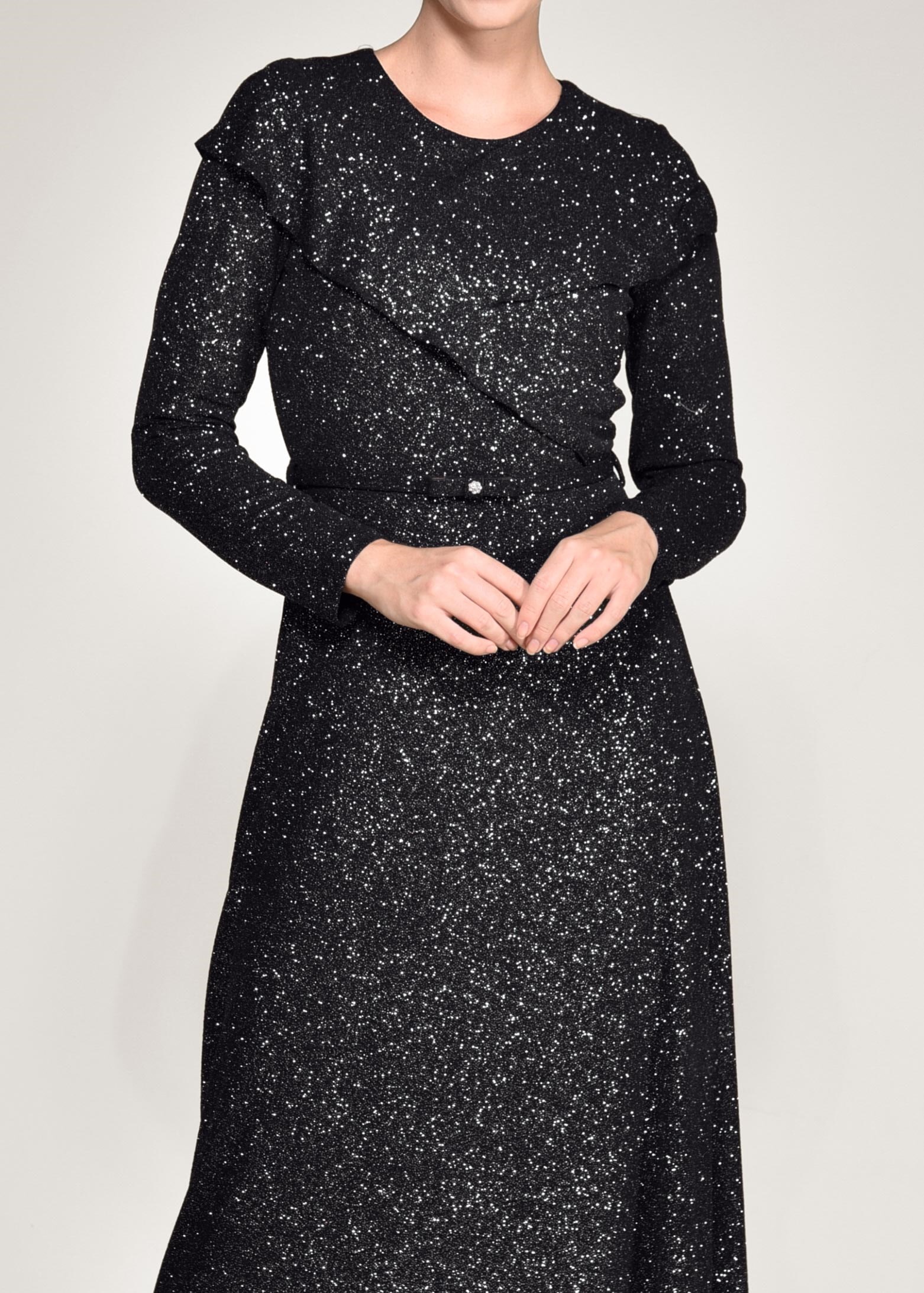 Tesettür giyim SİYAH BELİ KEMERLİ SİMLİ ABİYE ELBİSE 4308