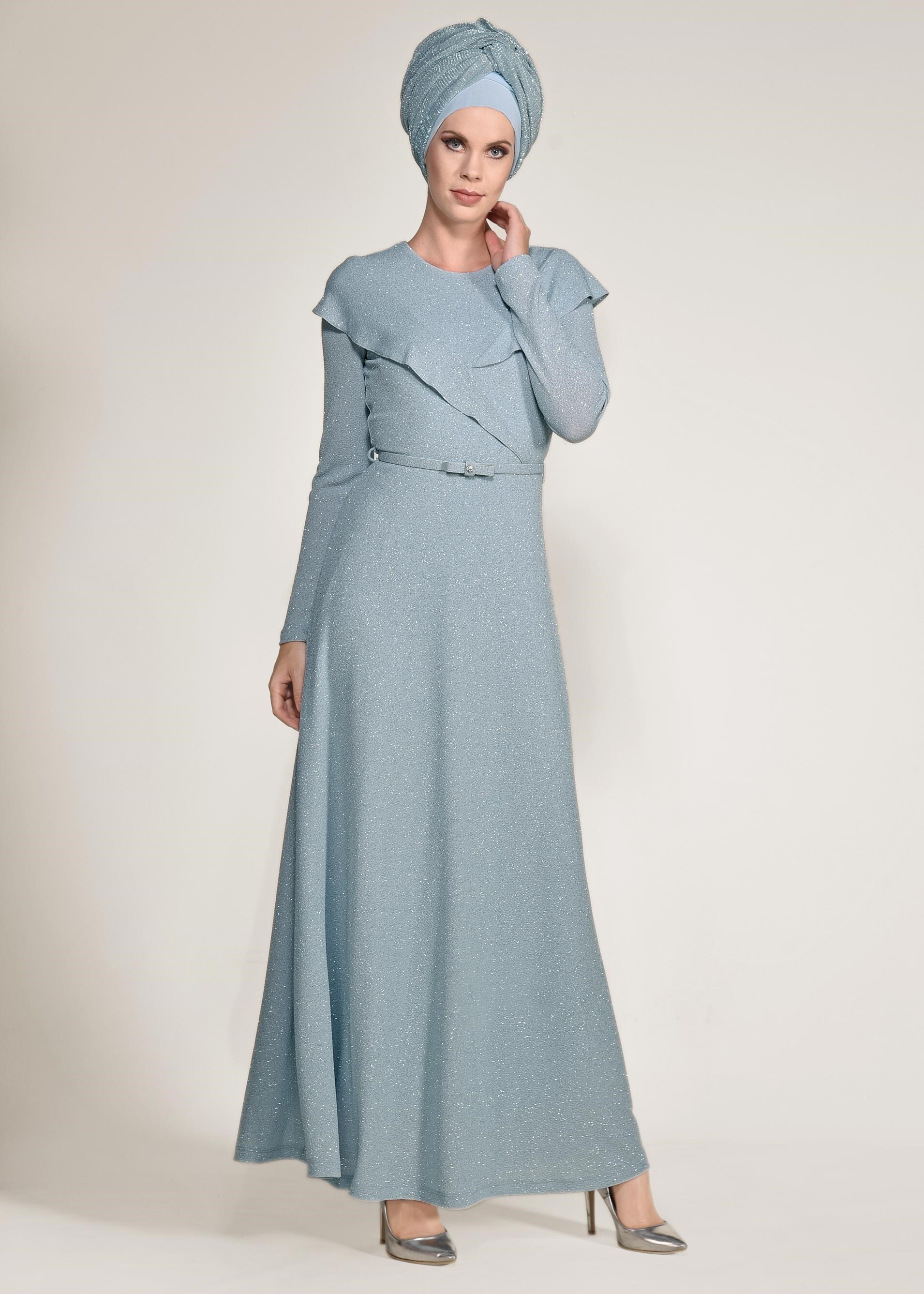 Tesettür giyim MAVİ BELİ KEMERLİ SİMLİ ABİYE ELBİSE 4308