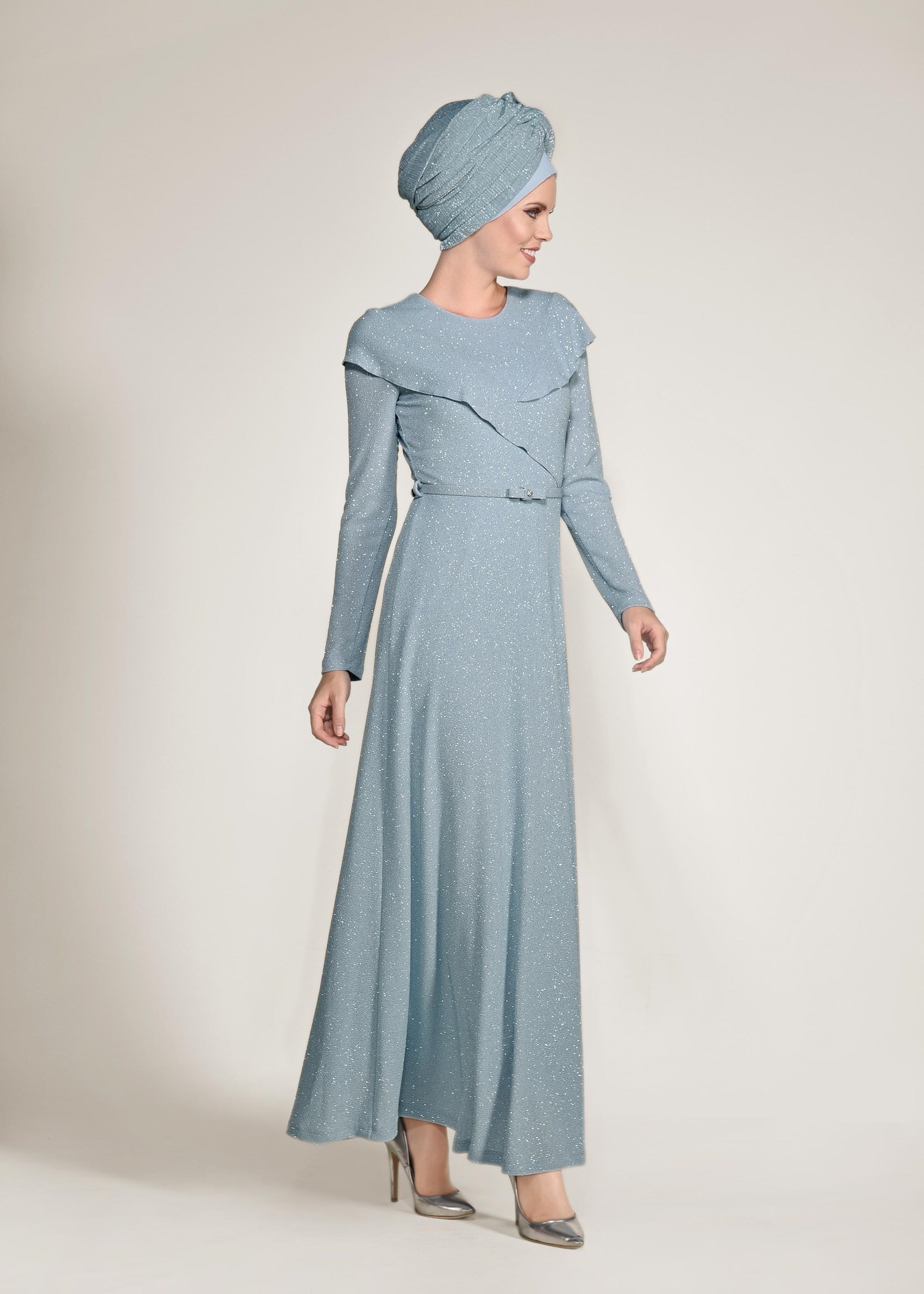 Tesettür giyim MAVİ BELİ KEMERLİ SİMLİ ABİYE ELBİSE 4308