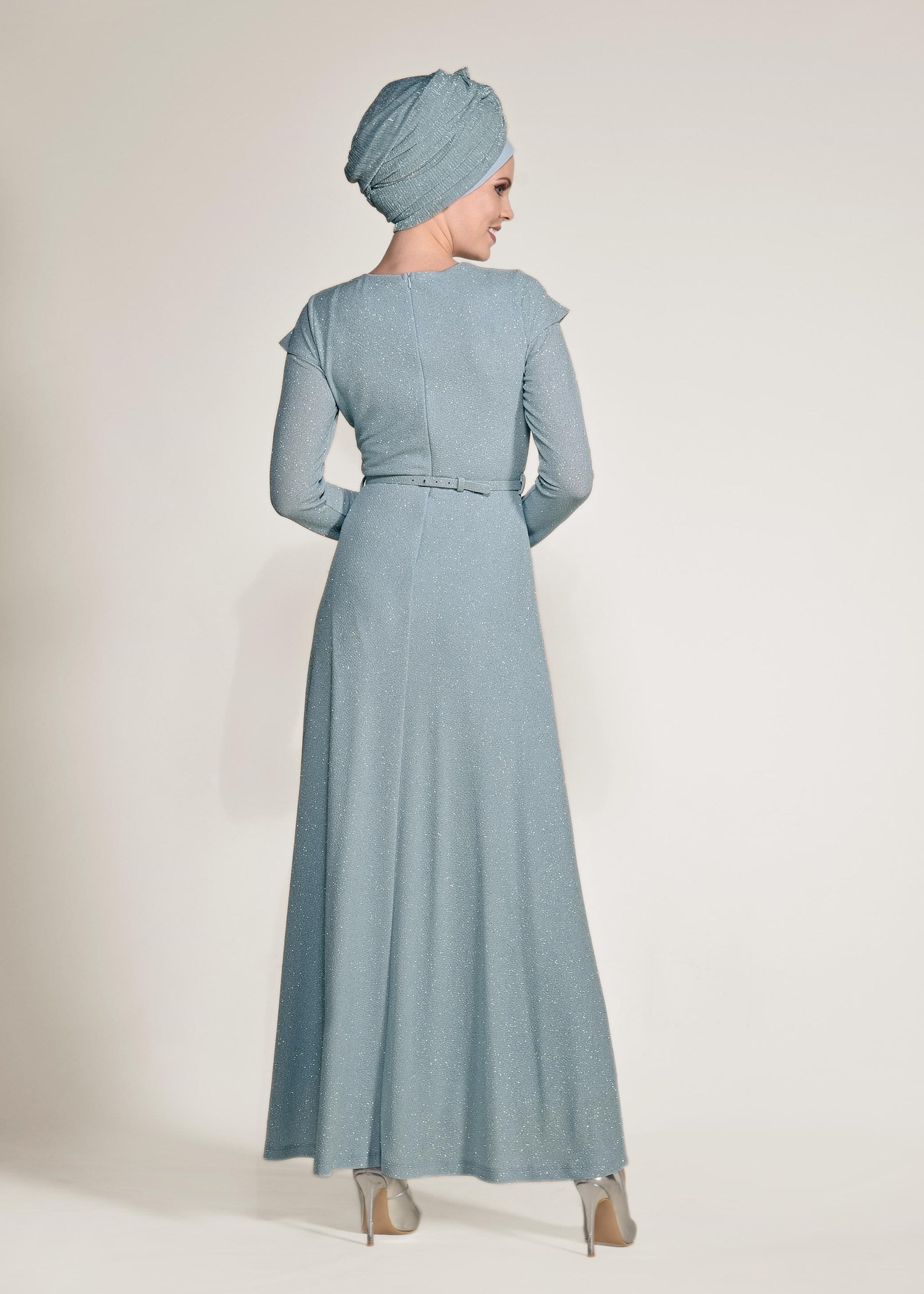 Tesettür giyim MAVİ BELİ KEMERLİ SİMLİ ABİYE ELBİSE 4308