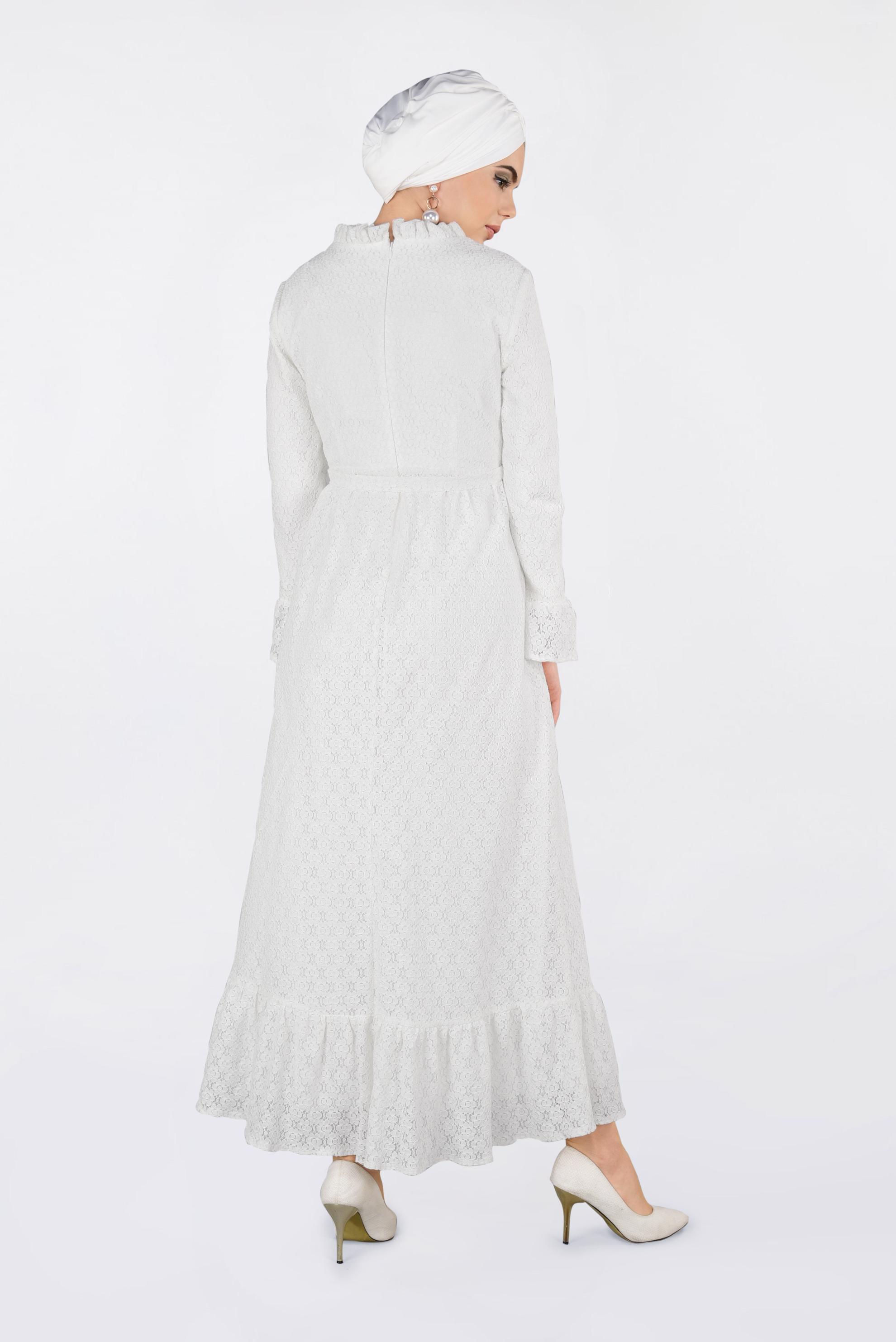 Tesettür giyim BEYAZ PİLİSE DETAYLI DANTEL ELBİSE 4359