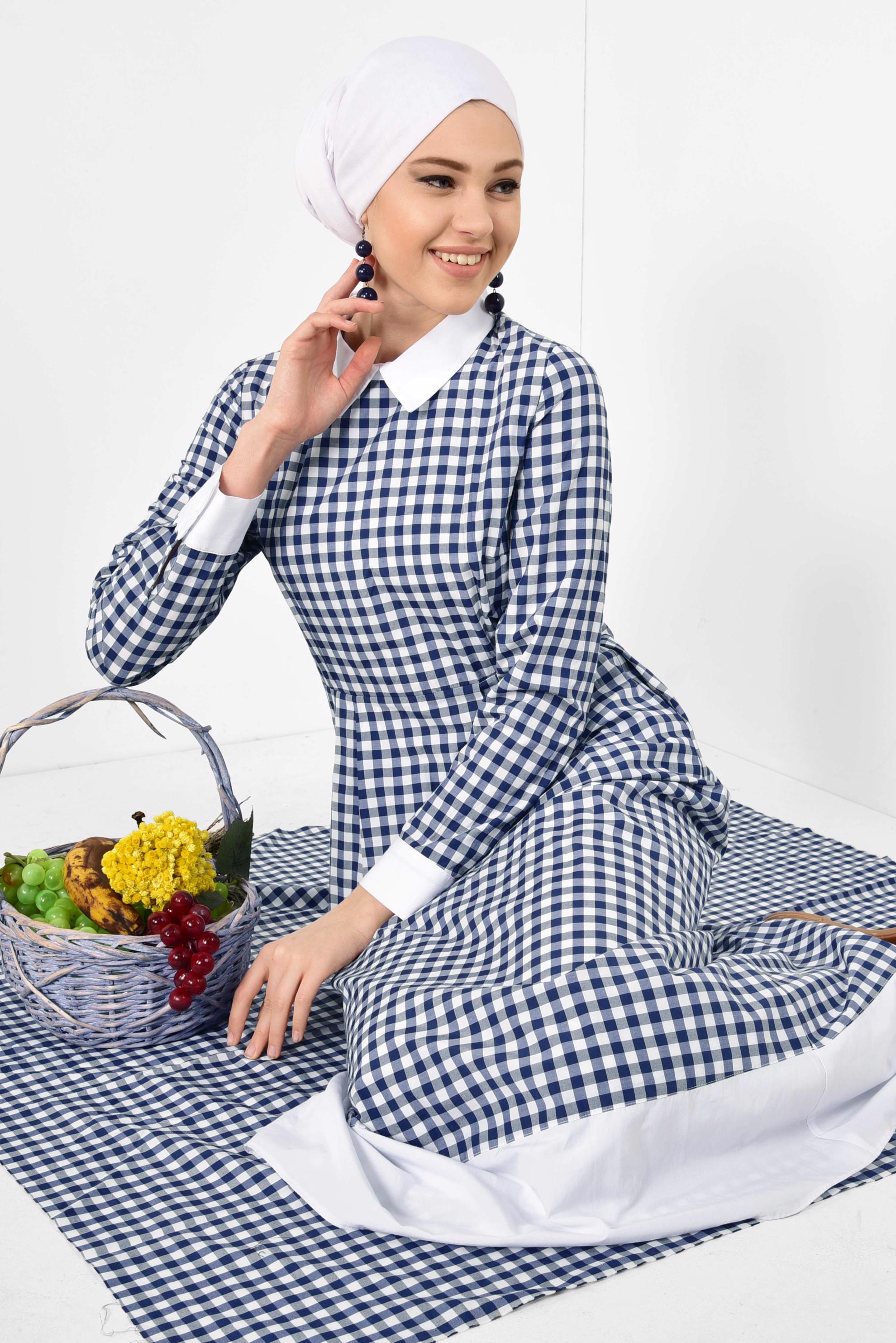 Tesettür giyim LACİVERT ERKEK YAKA EKOSE DESENLİ ELBİSE 4906