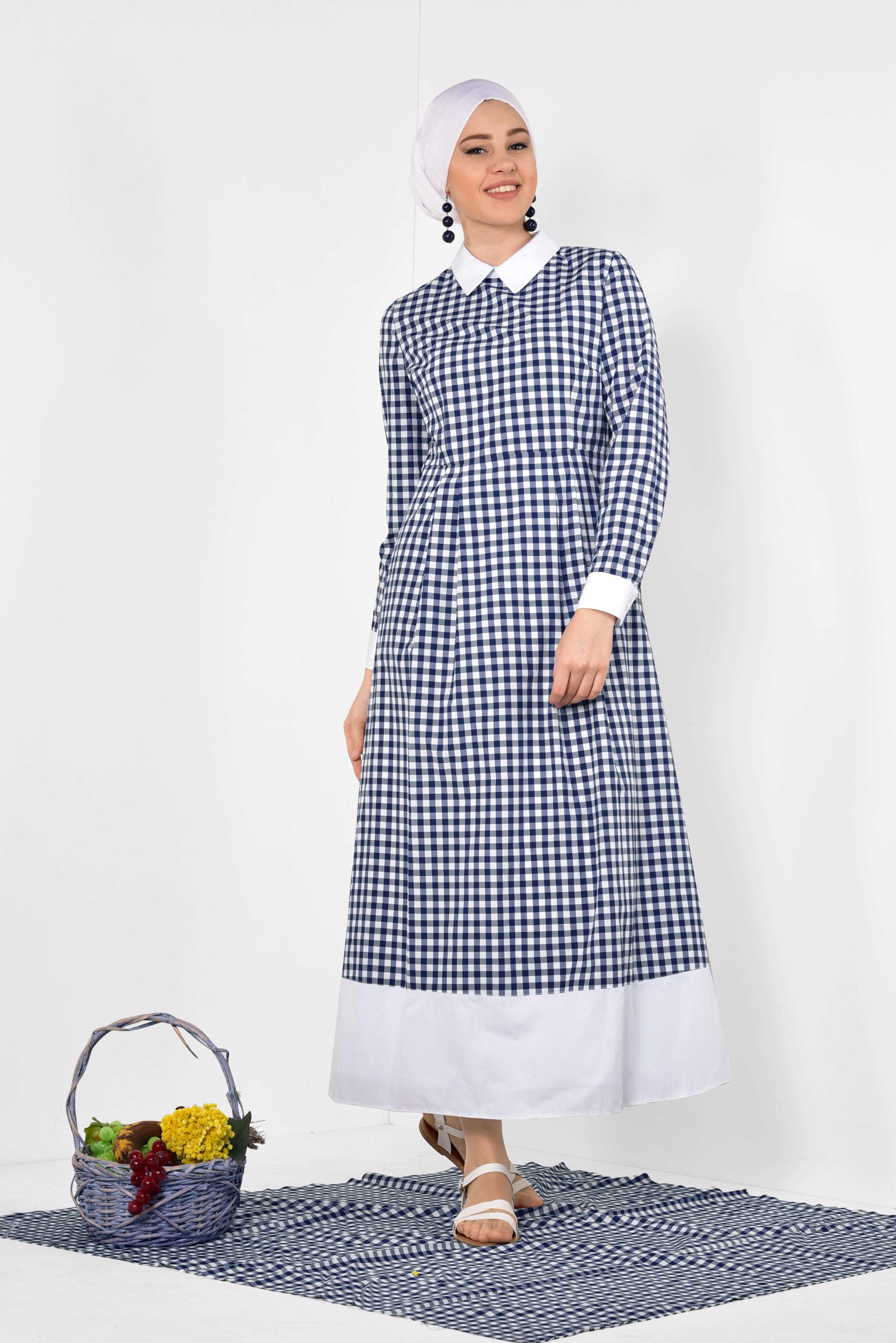 Tesettür giyim LACİVERT ERKEK YAKA EKOSE DESENLİ ELBİSE 4906