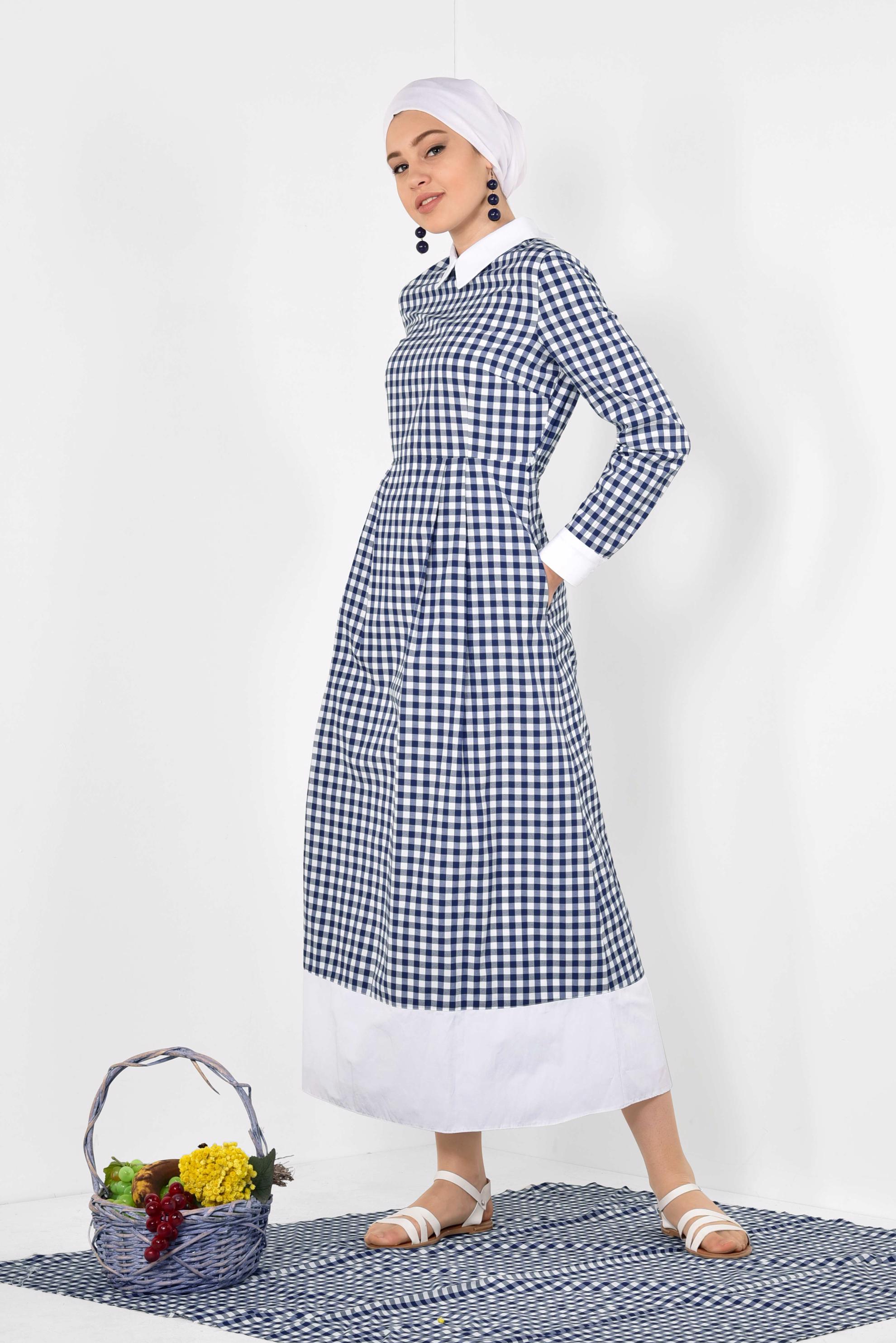 Tesettür giyim LACİVERT ERKEK YAKA EKOSE DESENLİ ELBİSE 4906